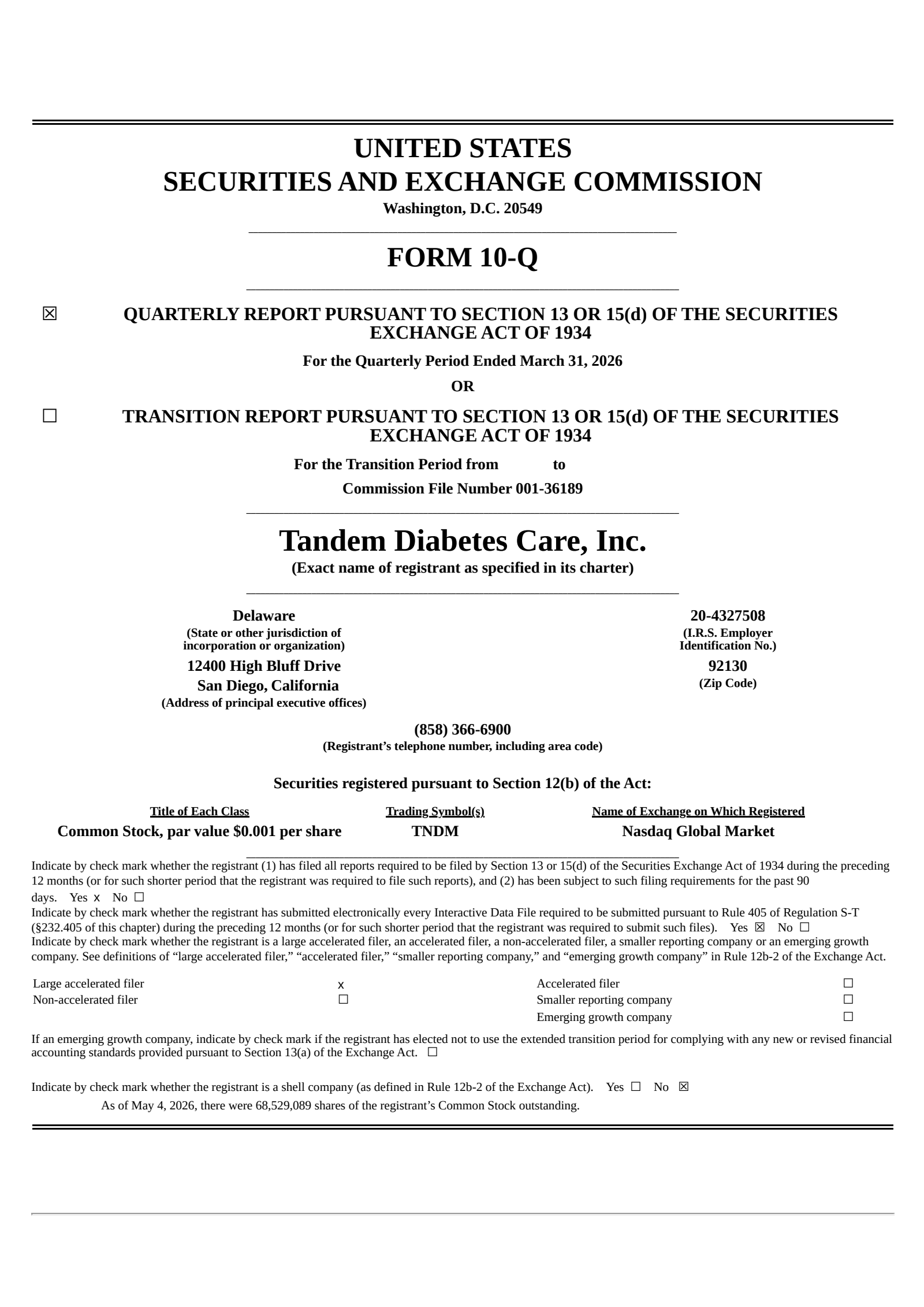Tandem Diabetes Care's Q1 2026 Quarterly report