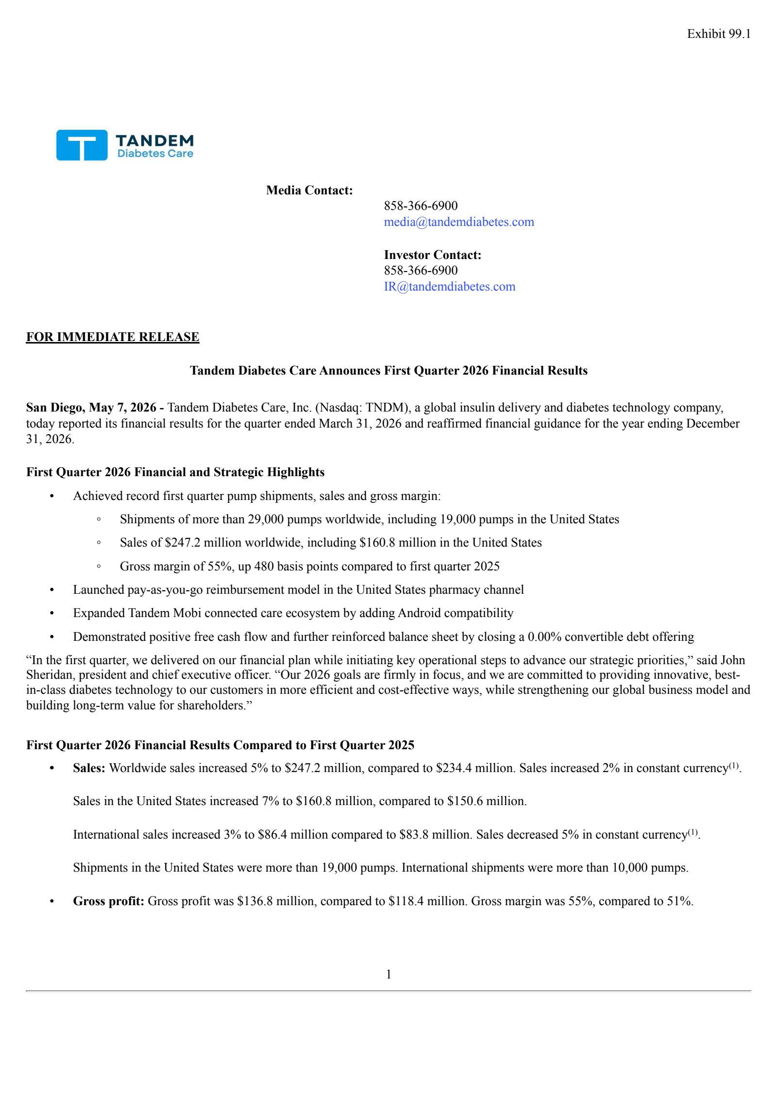 Tandem Diabetes Care's Q1 2026 Press Release