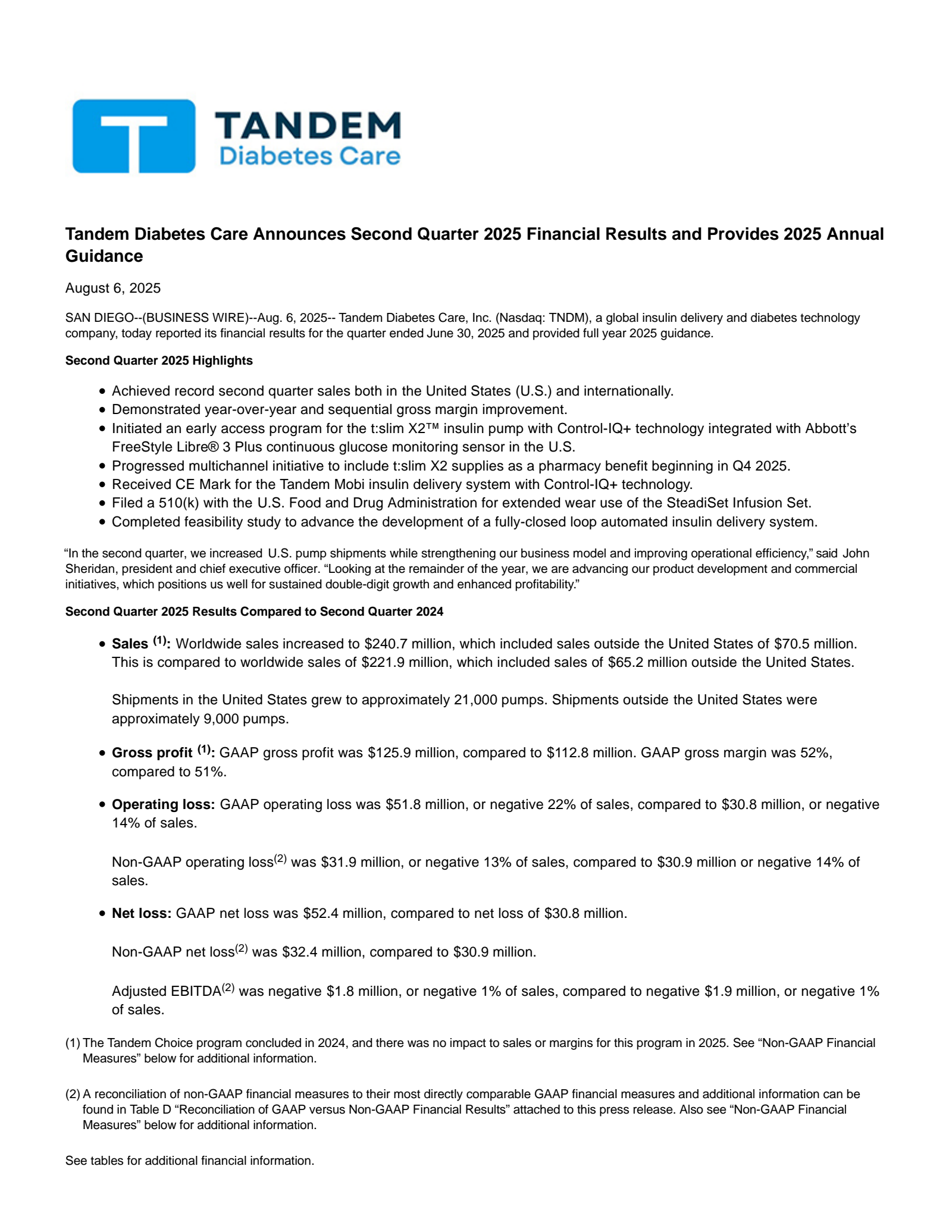 Tandem Diabetes Care's Q2 2025 Press Release