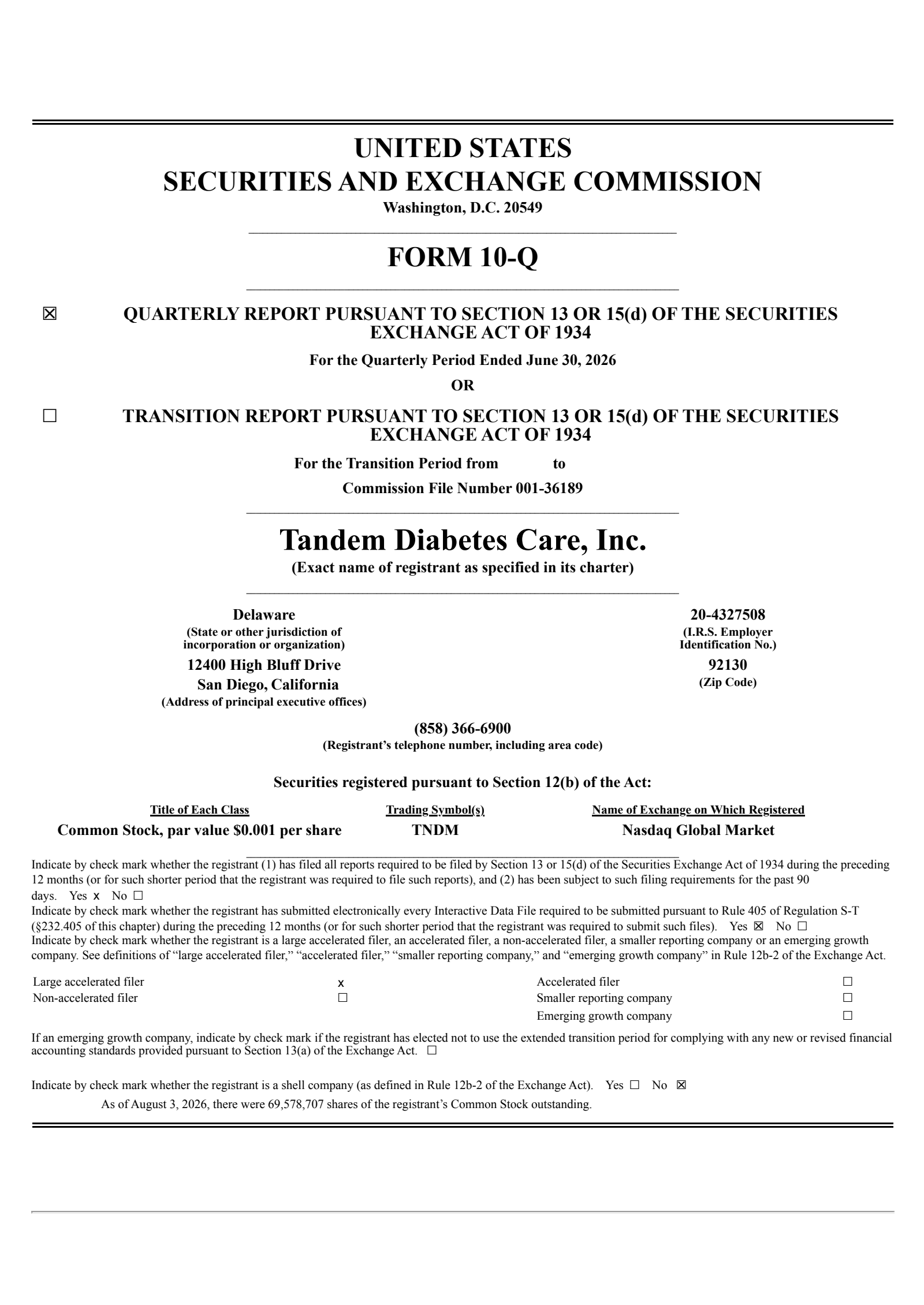 Tandem Diabetes Care's Q2 2026 Quarterly report