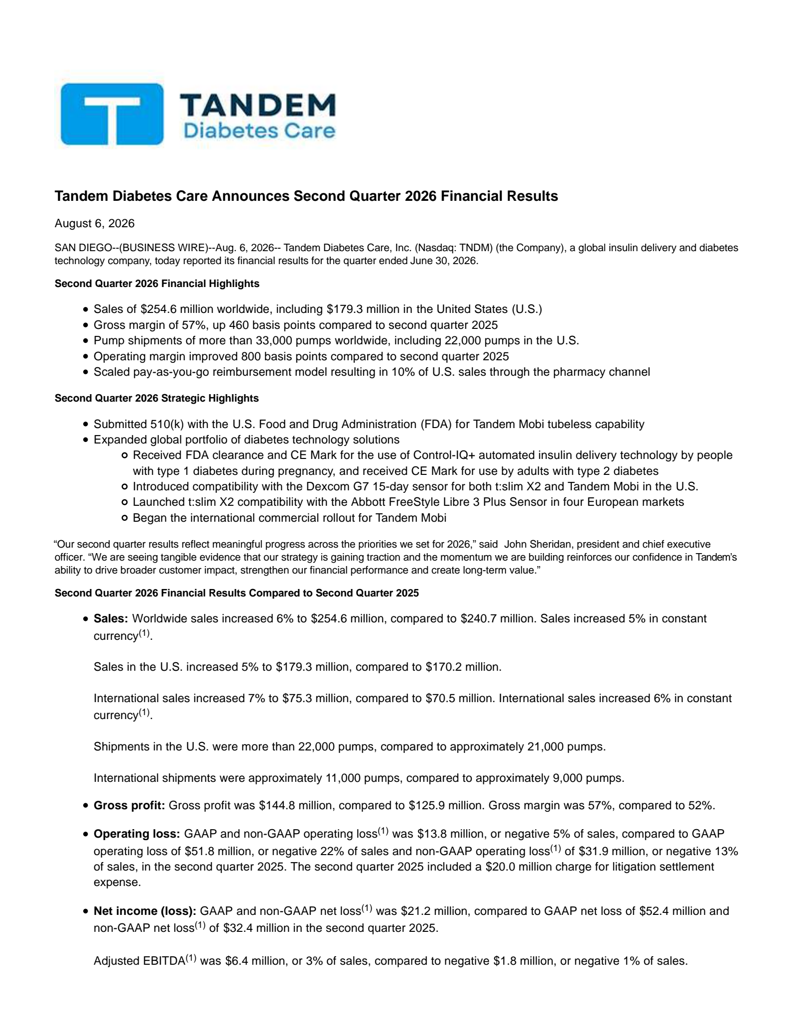 Tandem Diabetes Care's Q2 2026 Press Release