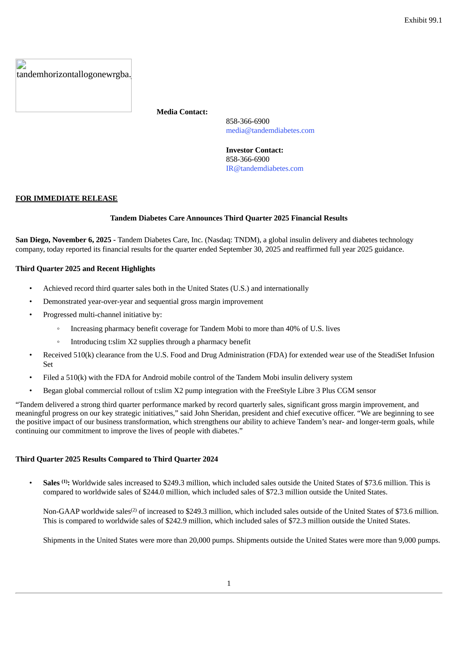 Tandem Diabetes Care's Q3 2025 Earnings Release