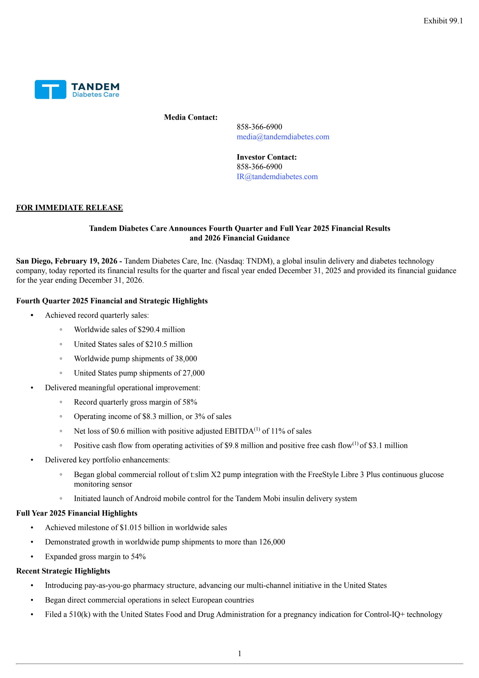 Tandem Diabetes Care's Q4 2025 Press Release