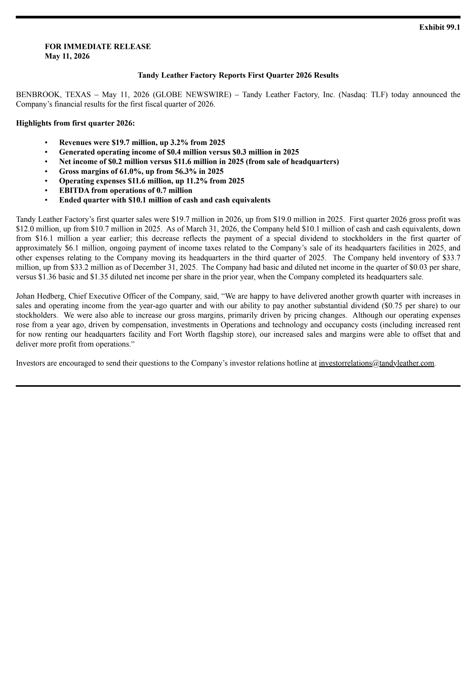 Tandy Leather Factory's Q1 2026 Press Release