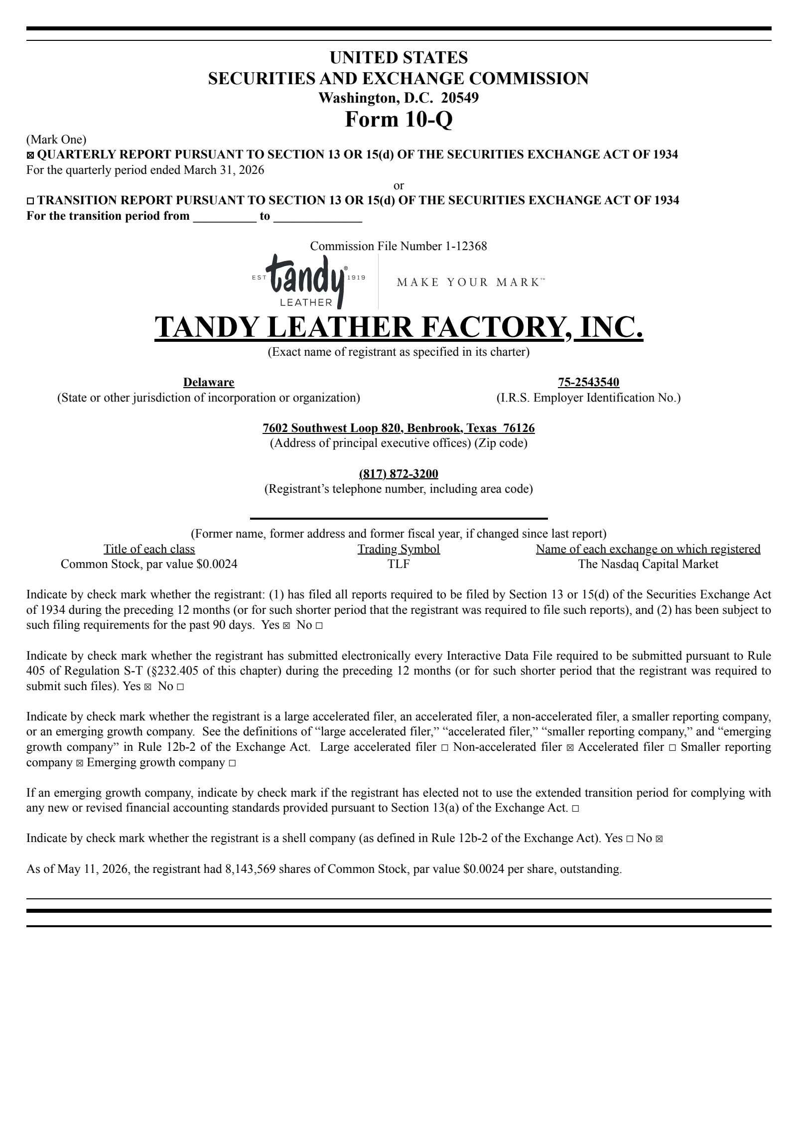 Tandy Leather Factory's Q1 2026 Quarterly report