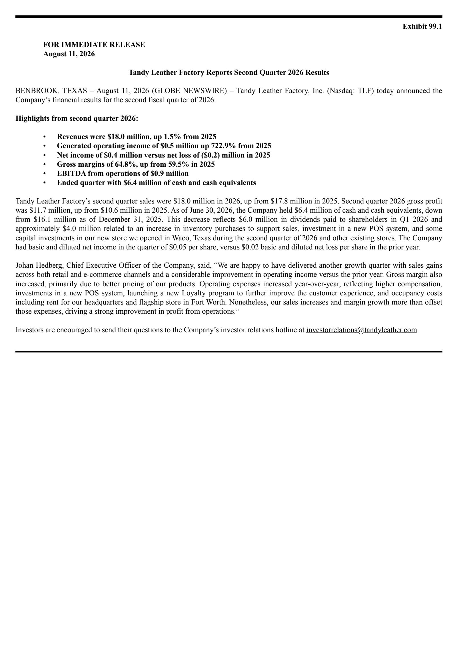 Tandy Leather Factory's Q2 2026 Press Release
