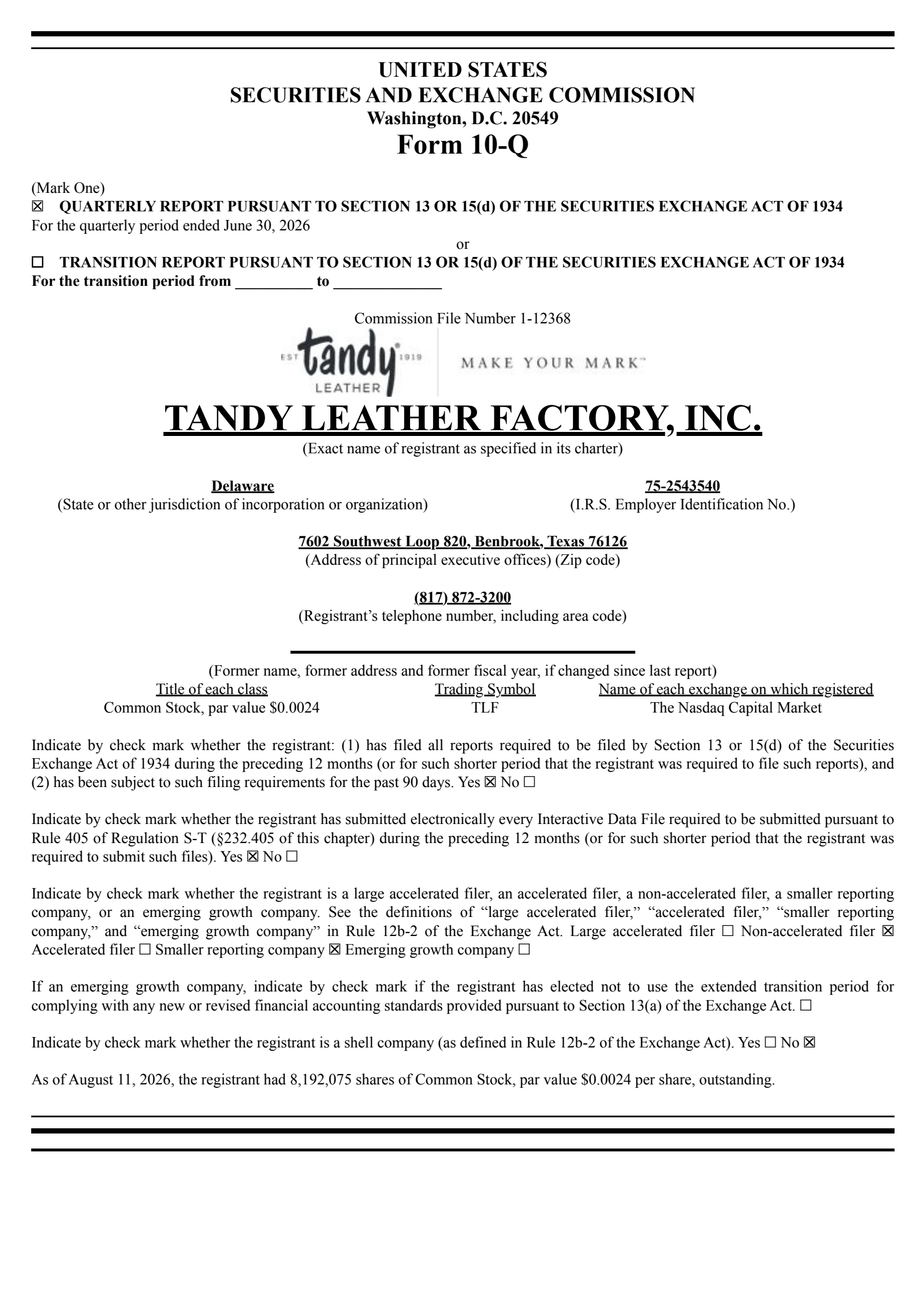 Tandy Leather Factory's Q2 2026 Quarterly report