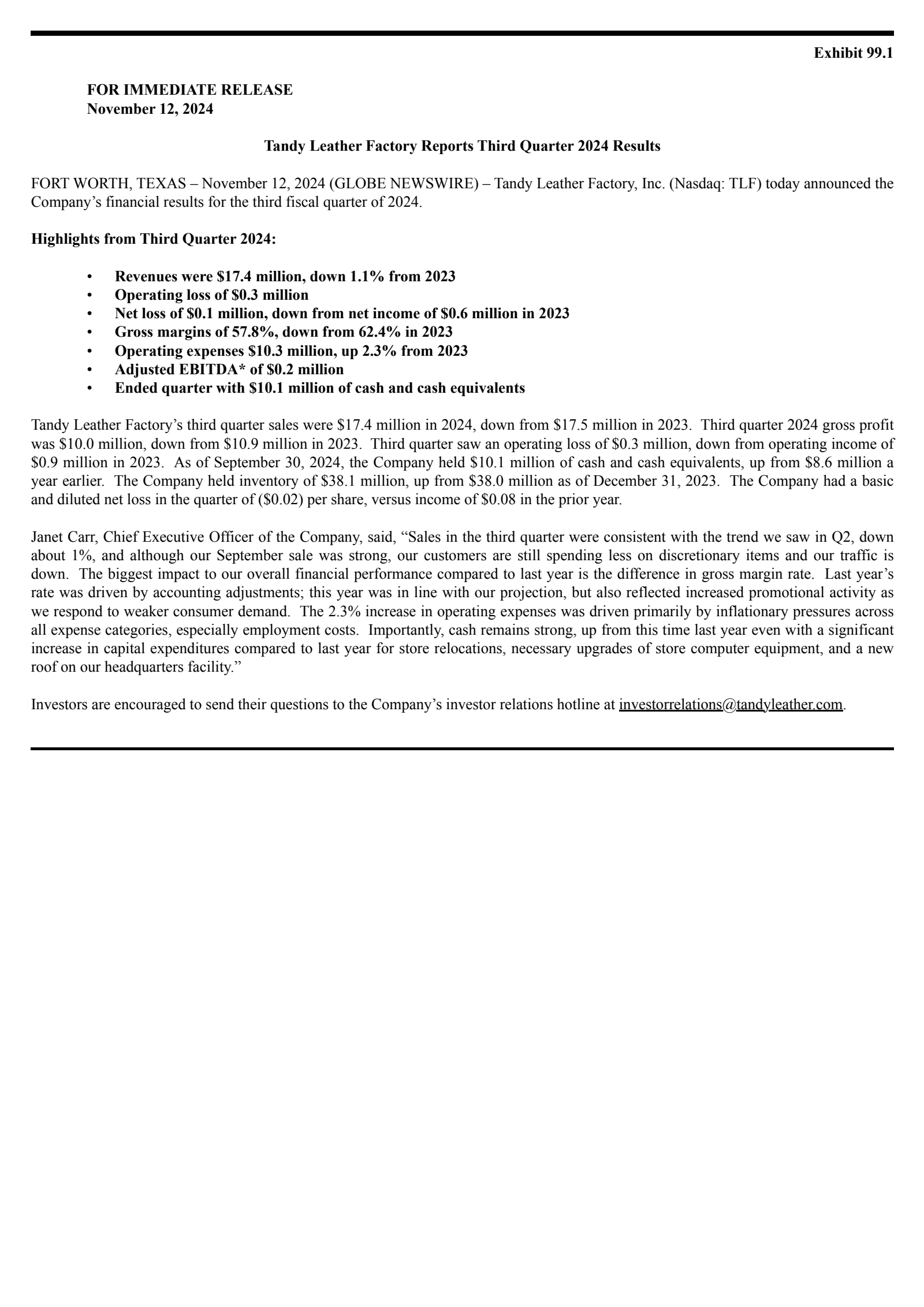 Tandy Leather Factory's Q3 2024 Press Release