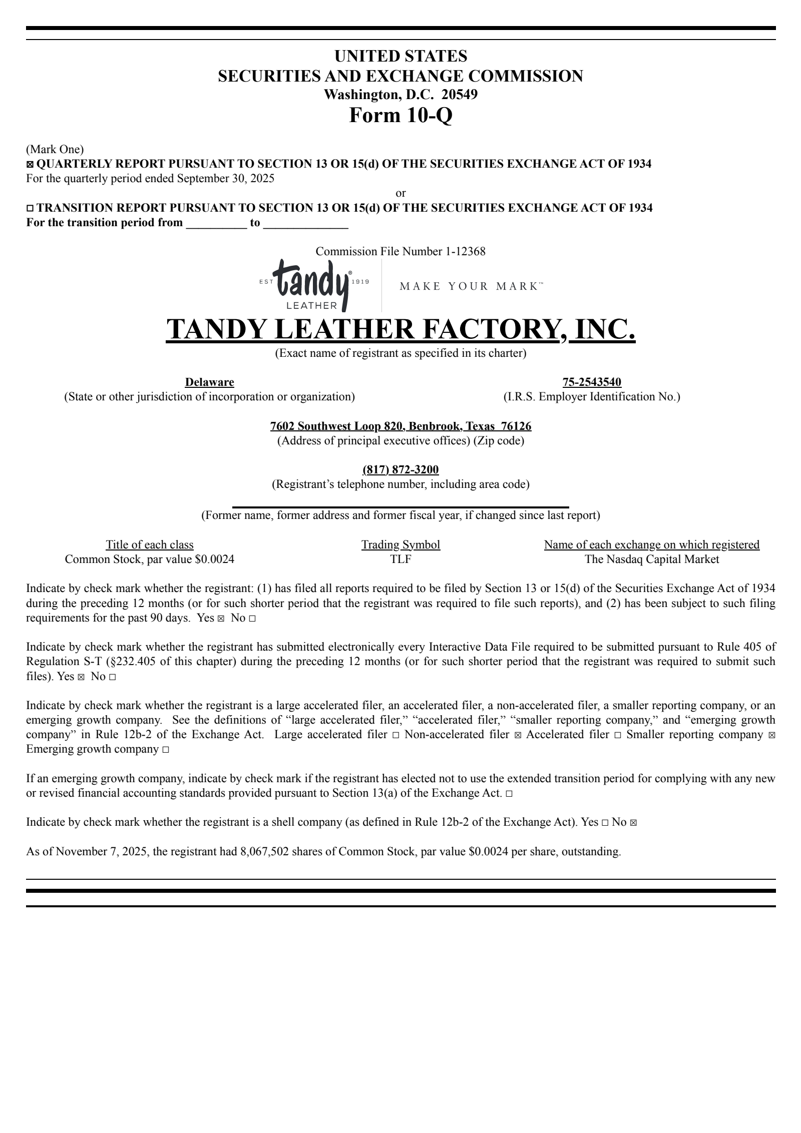 Tandy Leather Factory's Q3 2025 Quarterly Report