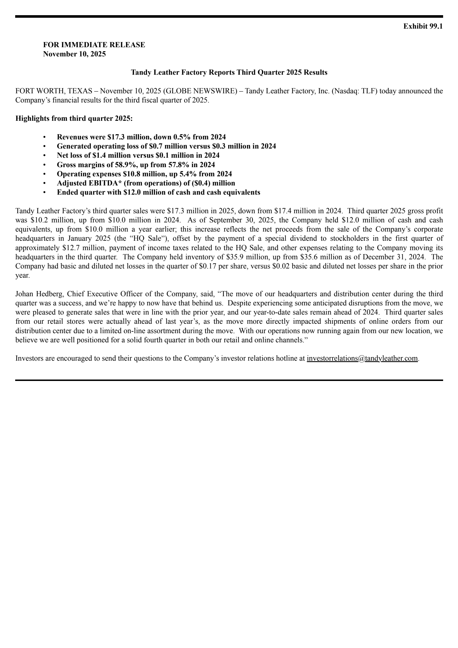 Tandy Leather Factory's Q3 2025 Earnings Release