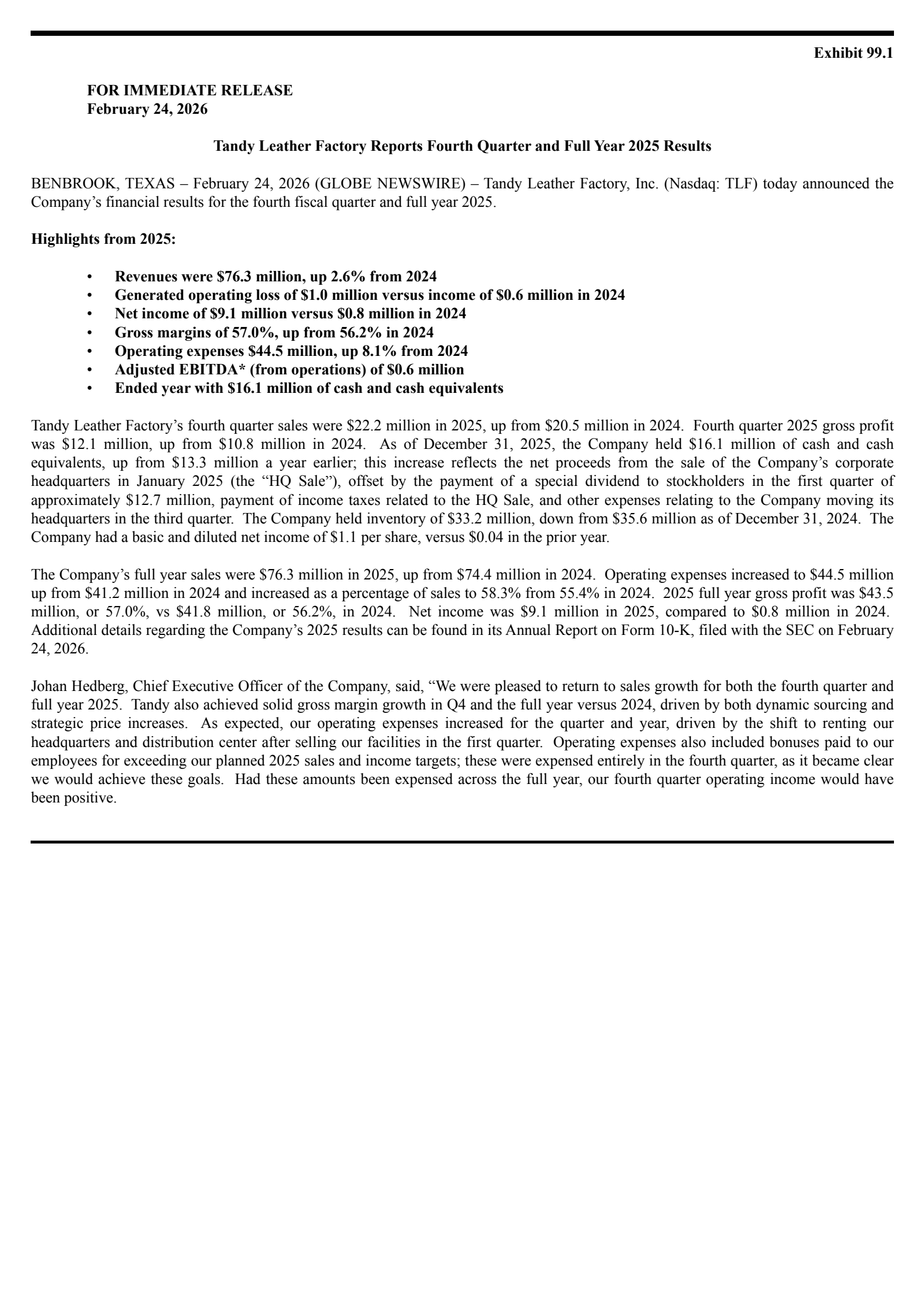 Tandy Leather Factory's Q4 2025 Press Release