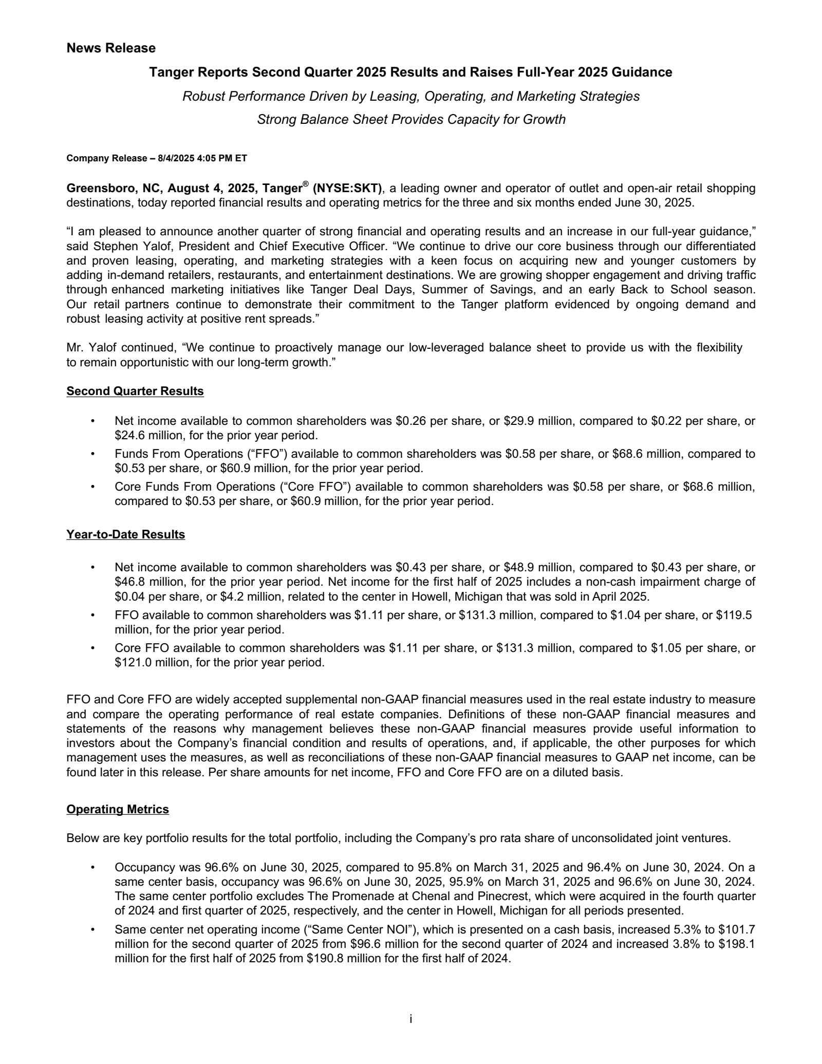 Tanger's Q2 2025 Press Release