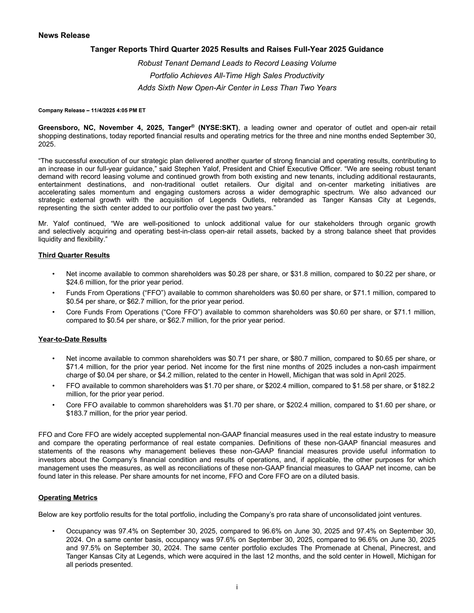 Tanger's Q3 2025 Earnings Release