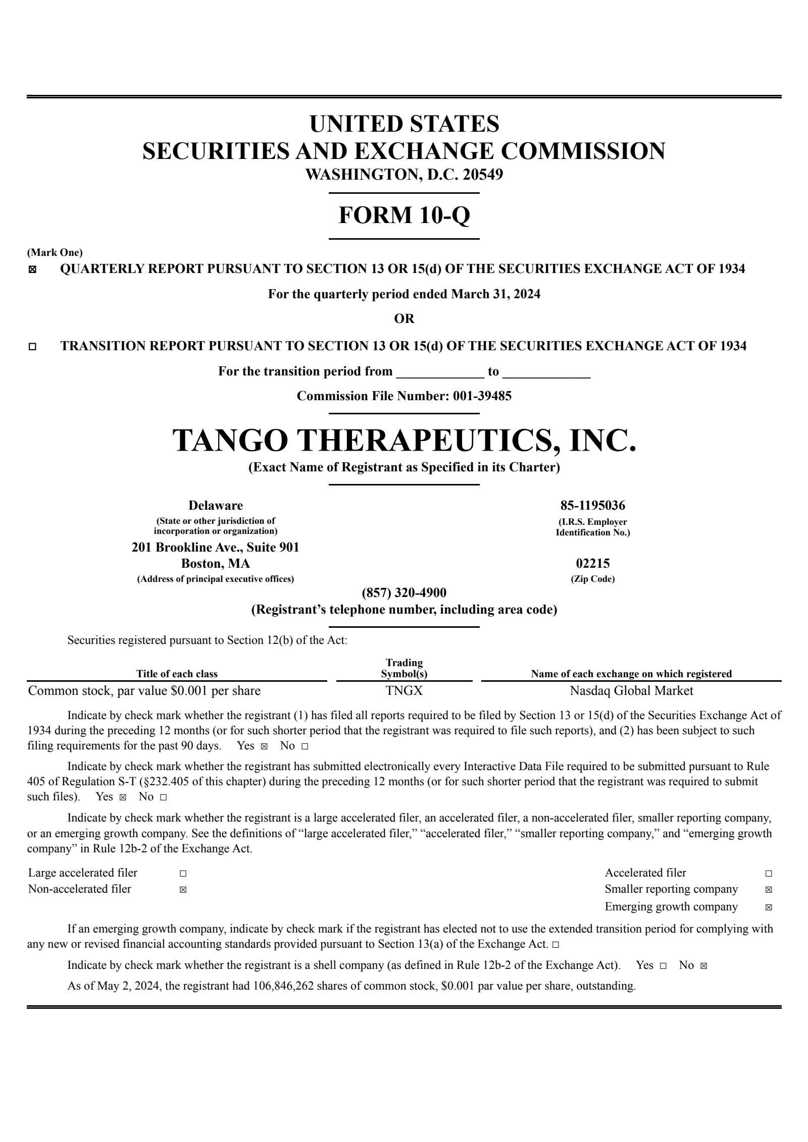 Tango Therapeutics' Q1 2024 Quarterly report