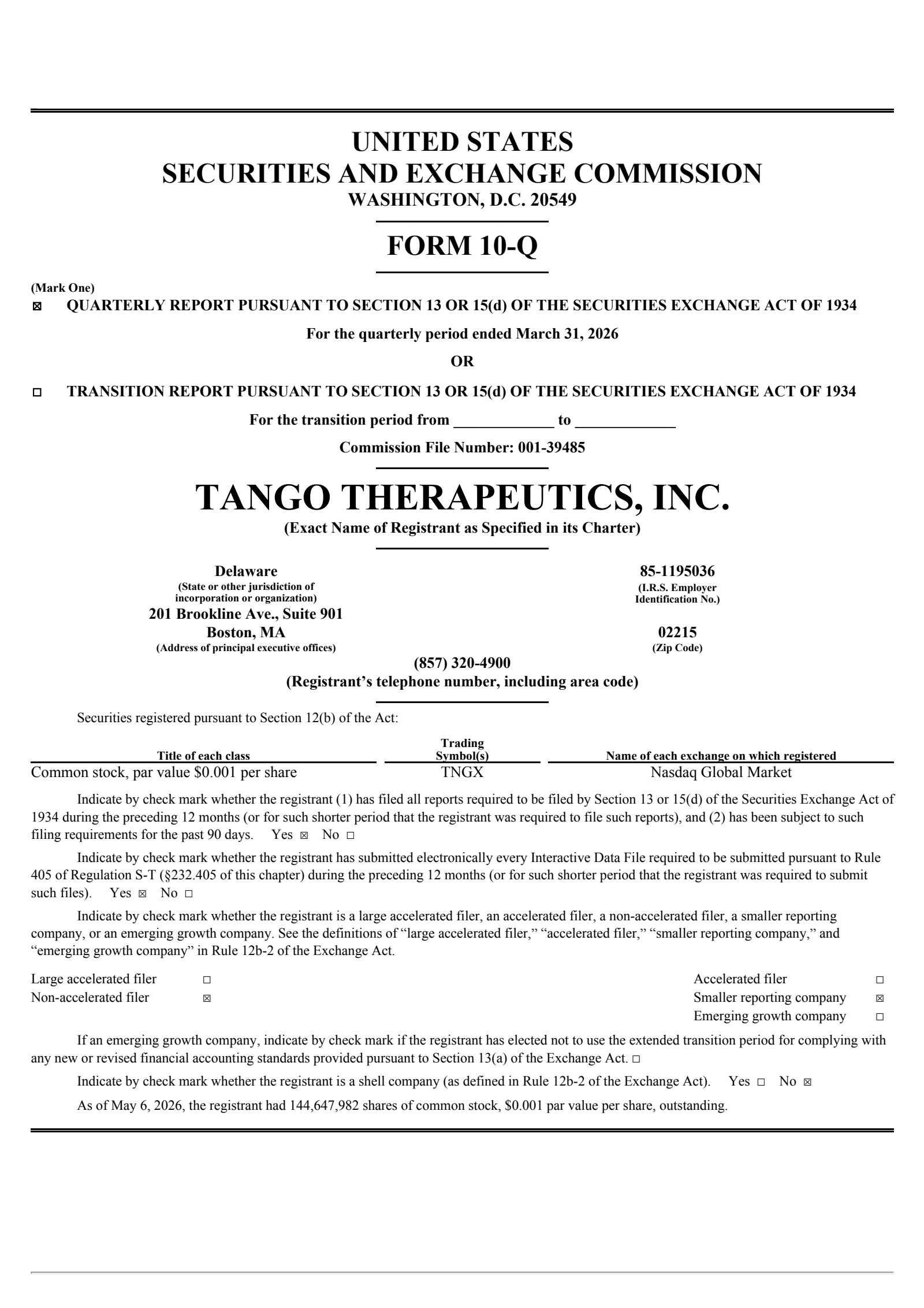 Tango Therapeutics' Q1 2026 Quarterly report