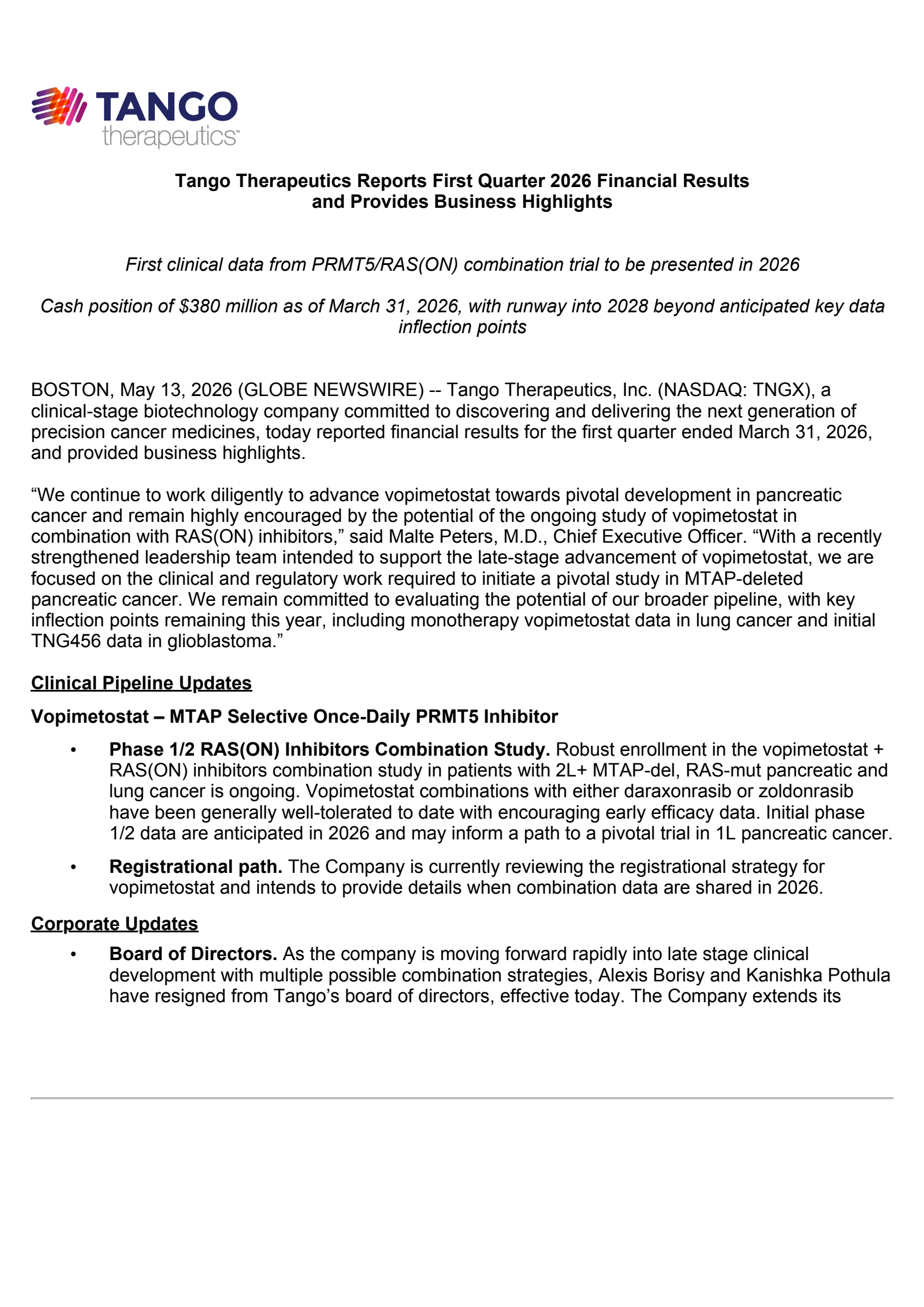 Tango Therapeutics' Q1 2026 Press Release