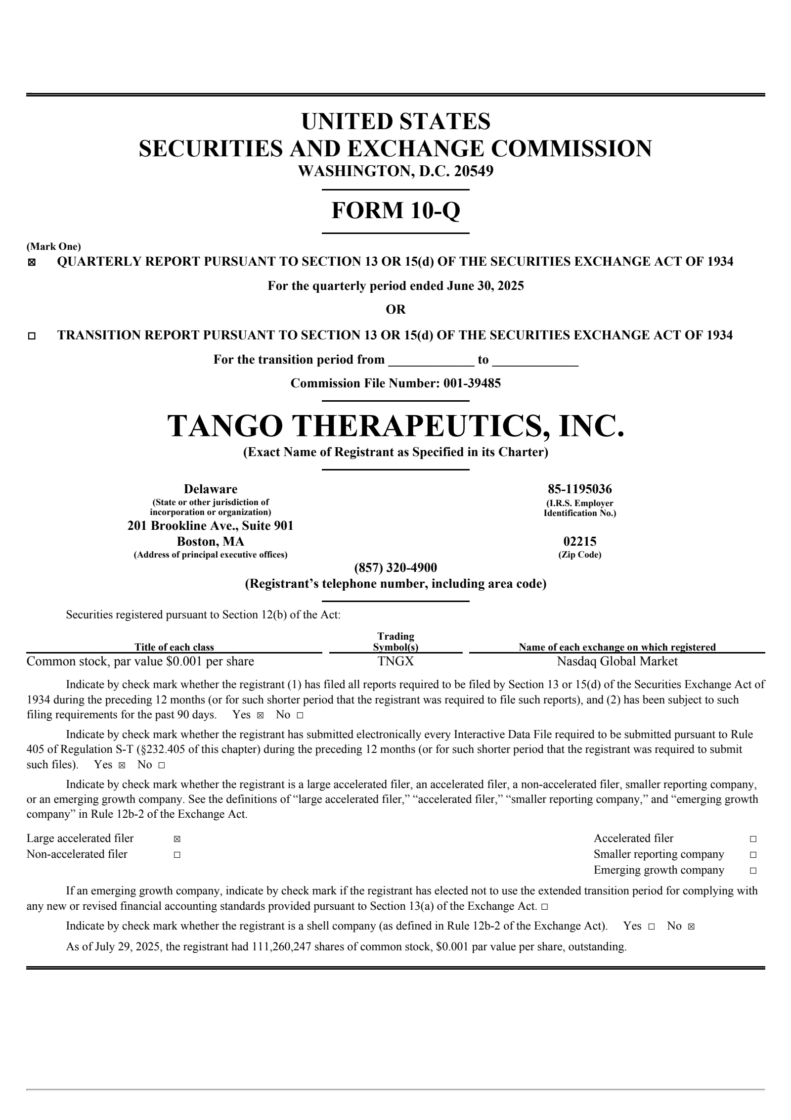 Tango Therapeutics' Q2 2025 Quarterly report