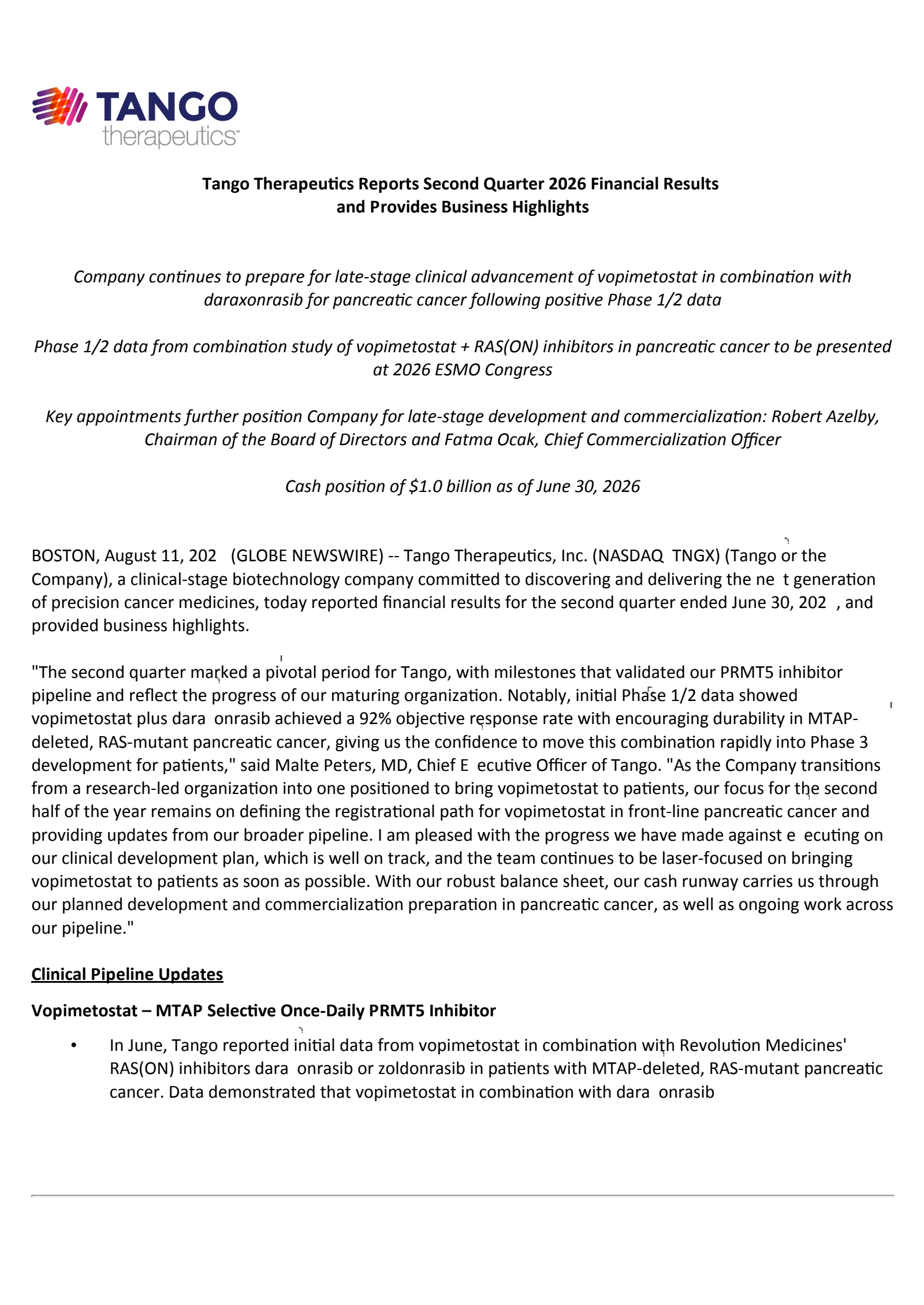 Tango Therapeutics' Q2 2026 Press Release