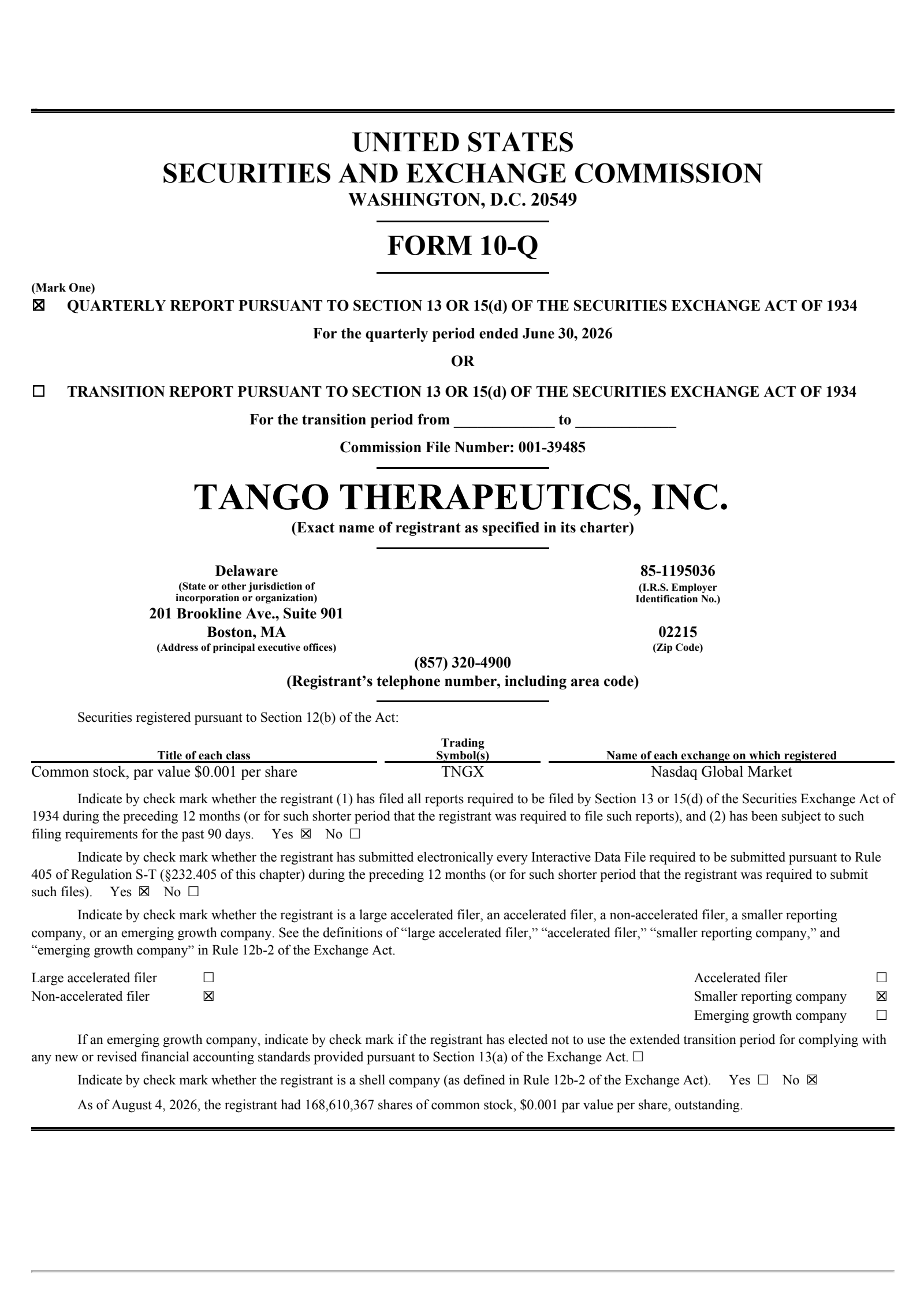 Tango Therapeutics' Q2 2026 Quarterly report