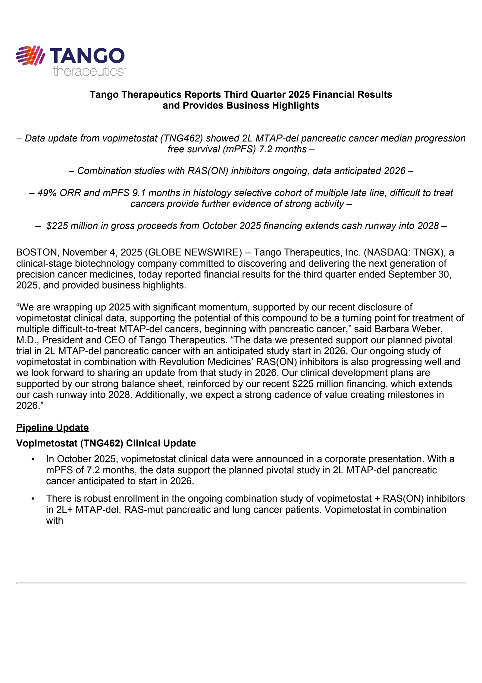 Tango Therapeutics' Q3 2025 Earnings Release