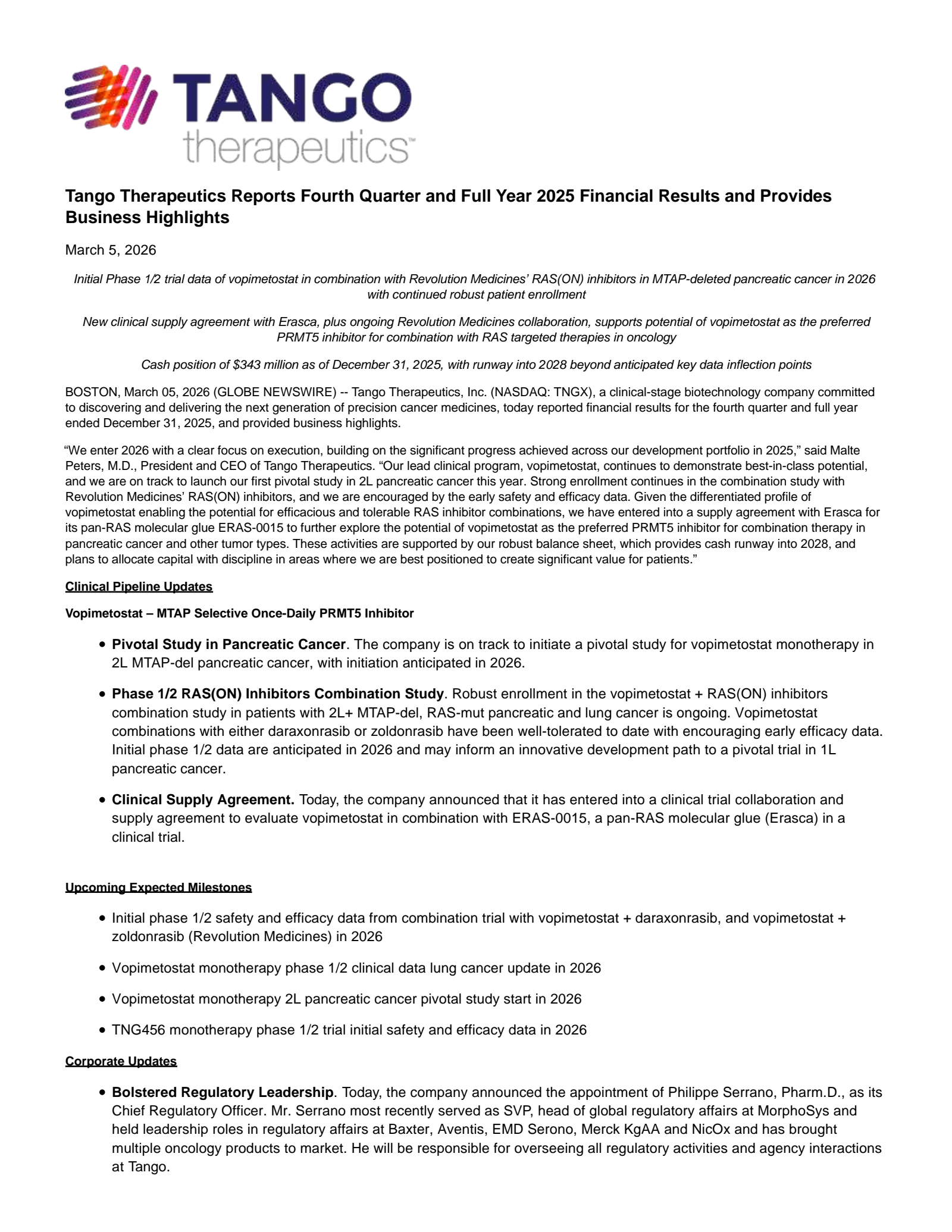 Tango Therapeutics' Q4 2025 Press Release