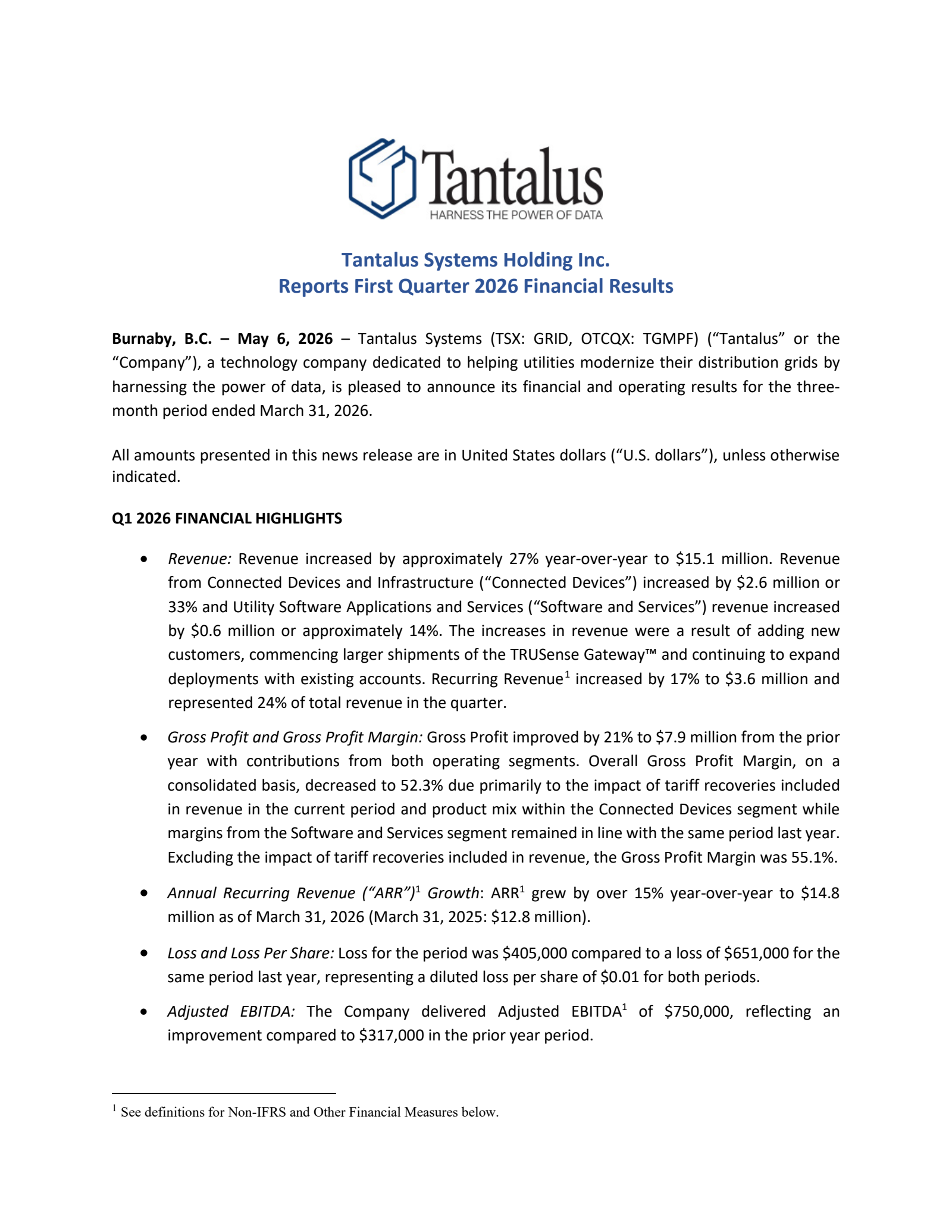 Tantalus Systems' Q1 2026 Press Release