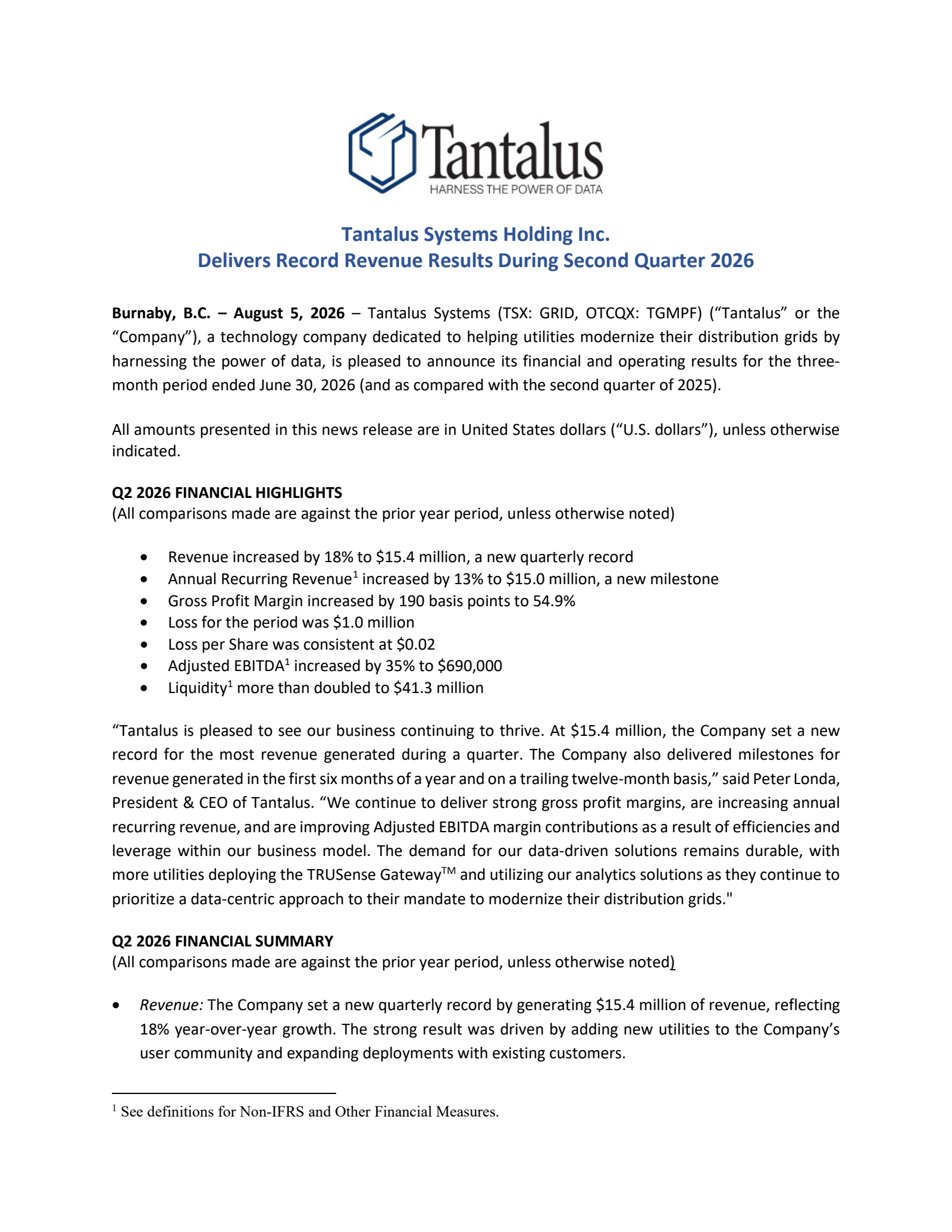 Tantalus Systems' Q2 2026 Press Release
