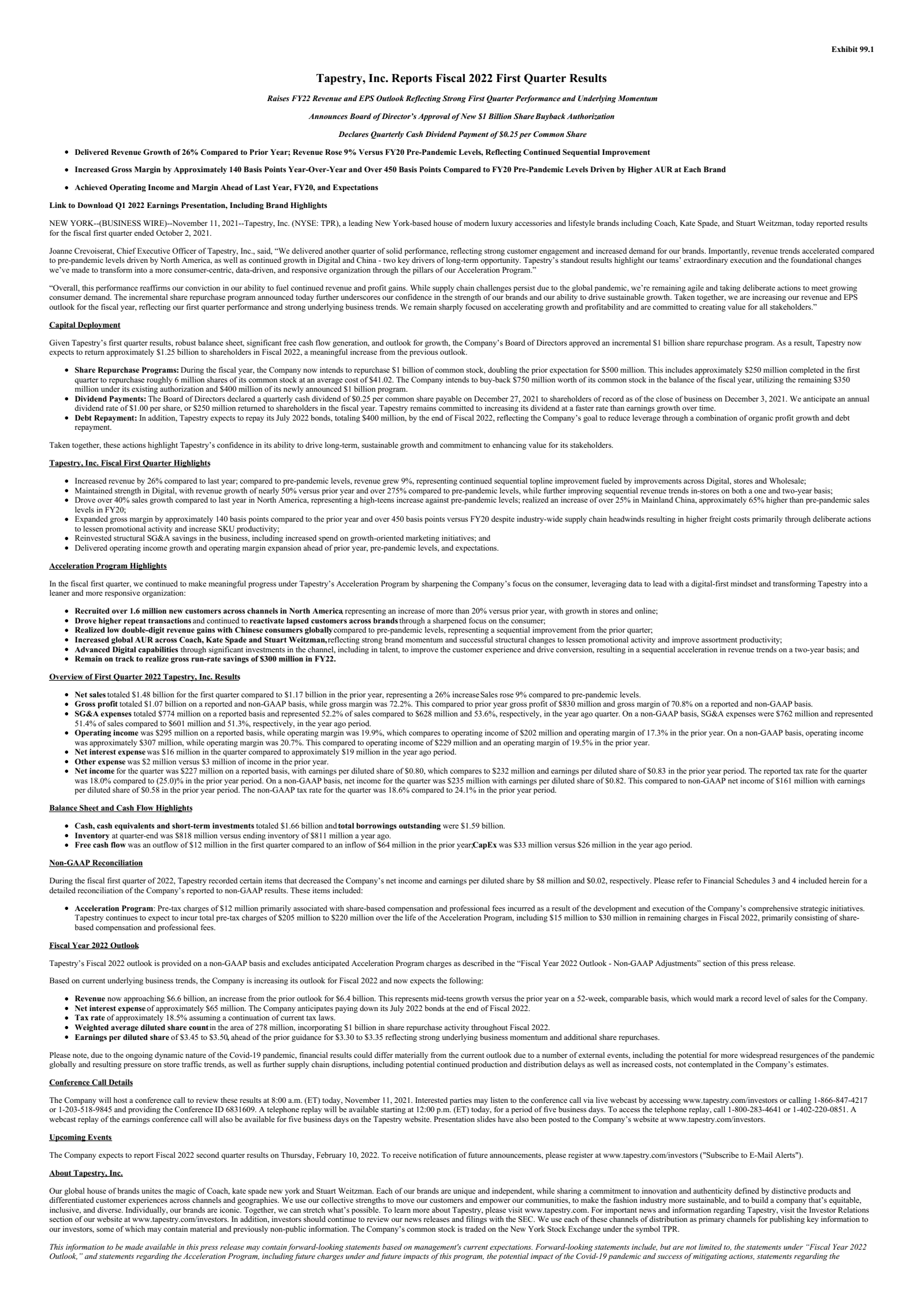 Tapestry's Q1 2022 Earnings Release