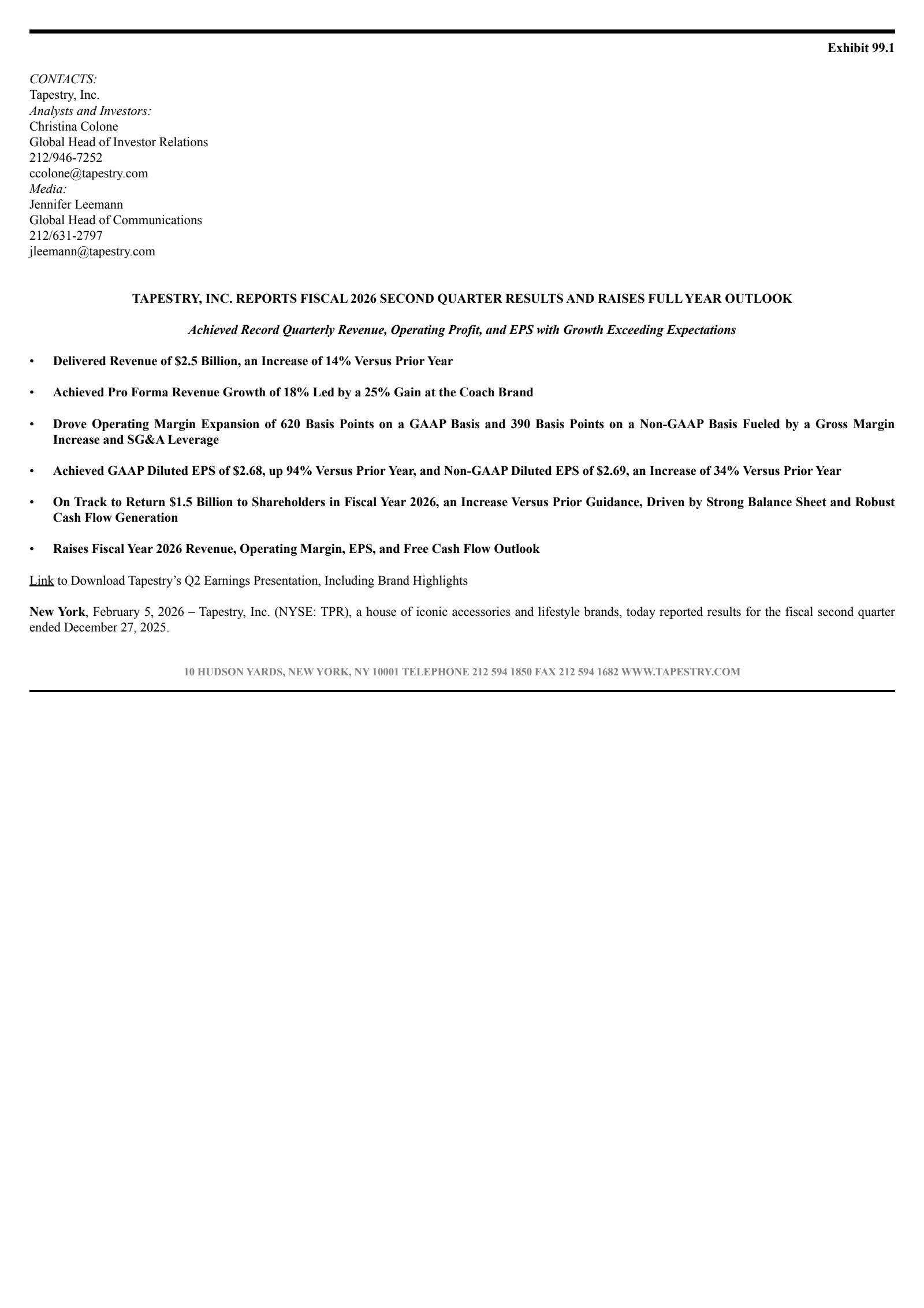 Tapestry's Q2 2026 Press Release