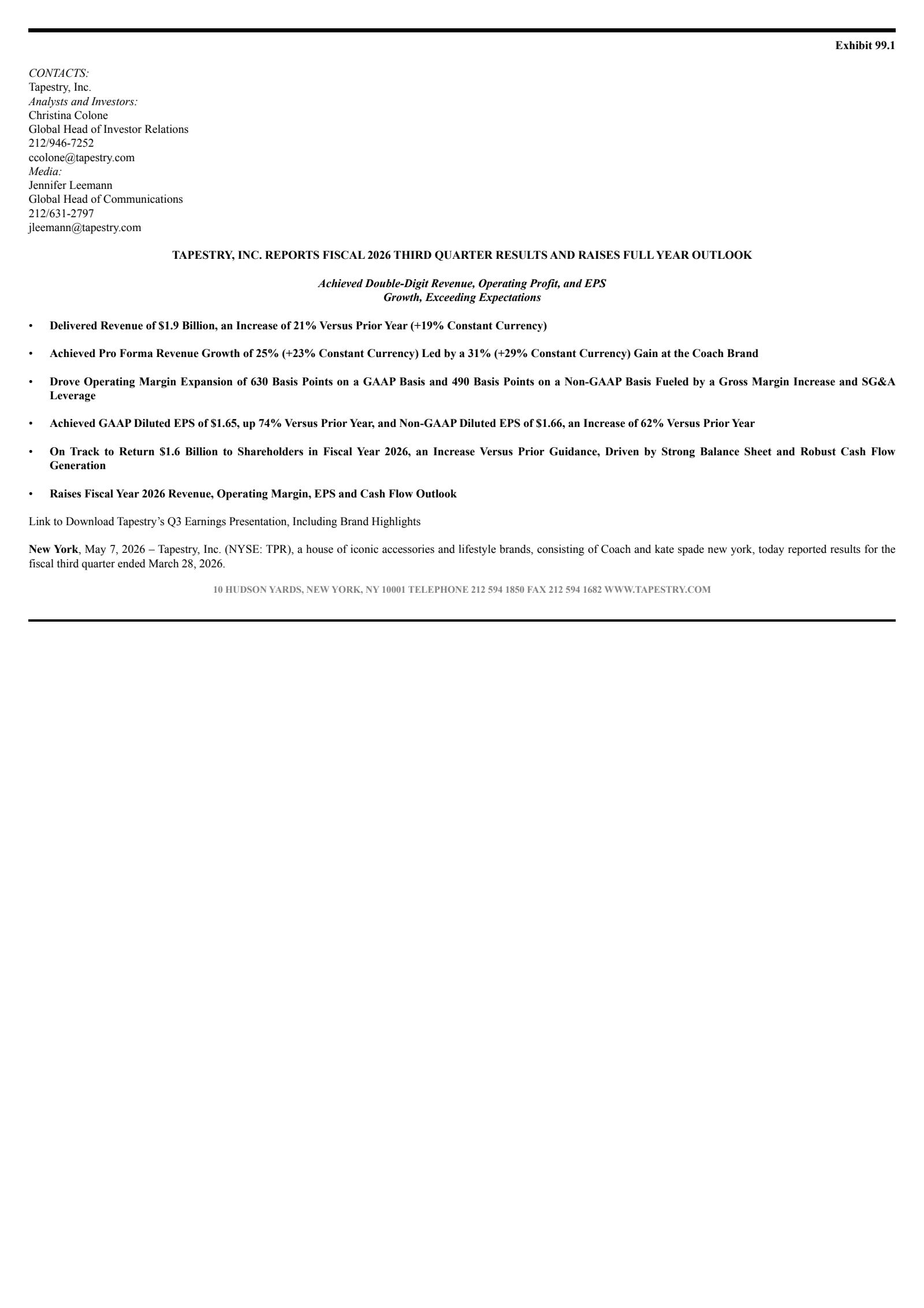 Tapestry's Q3 2026 Press Release