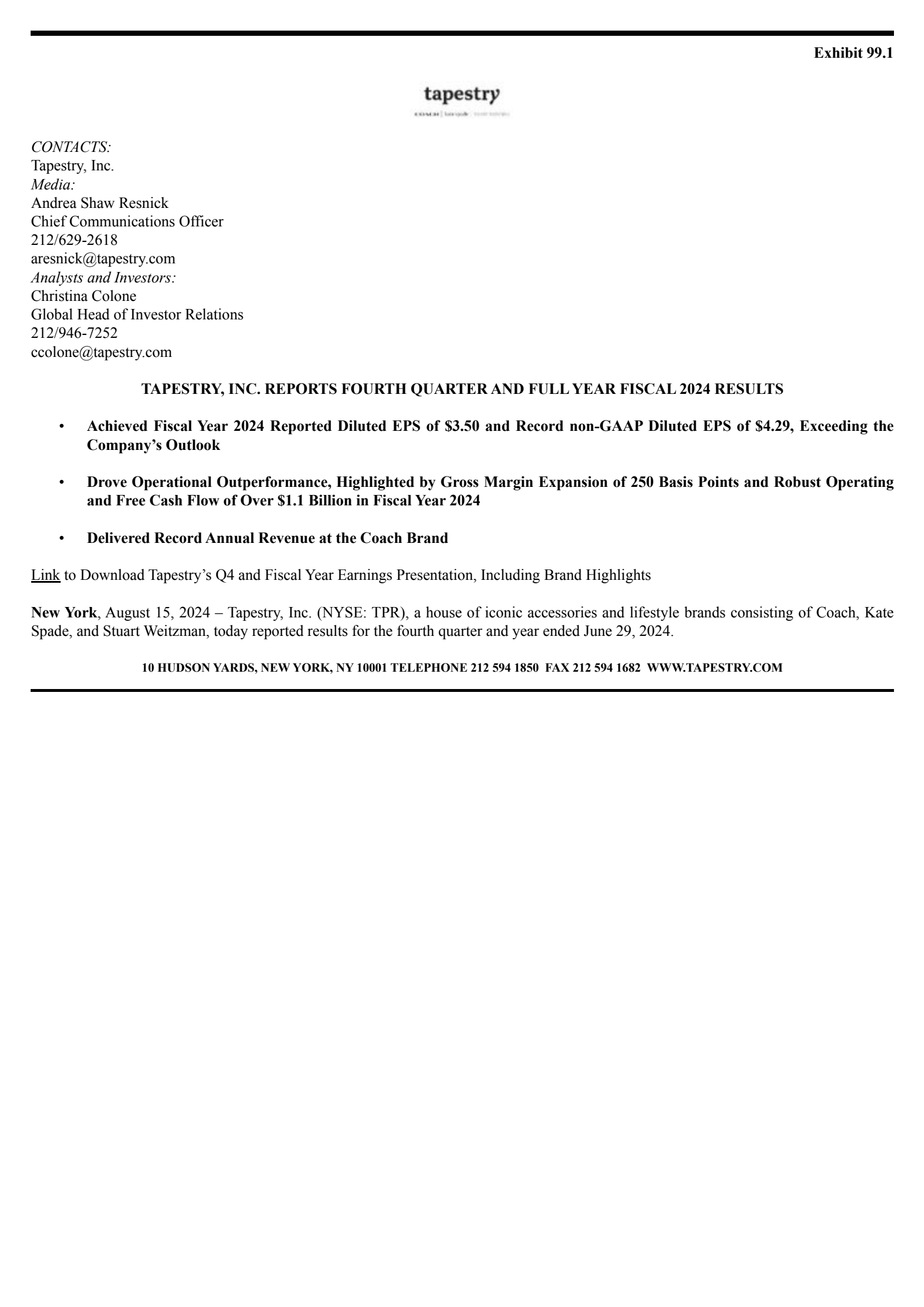 Tapestry's Q4 2024 Press Release