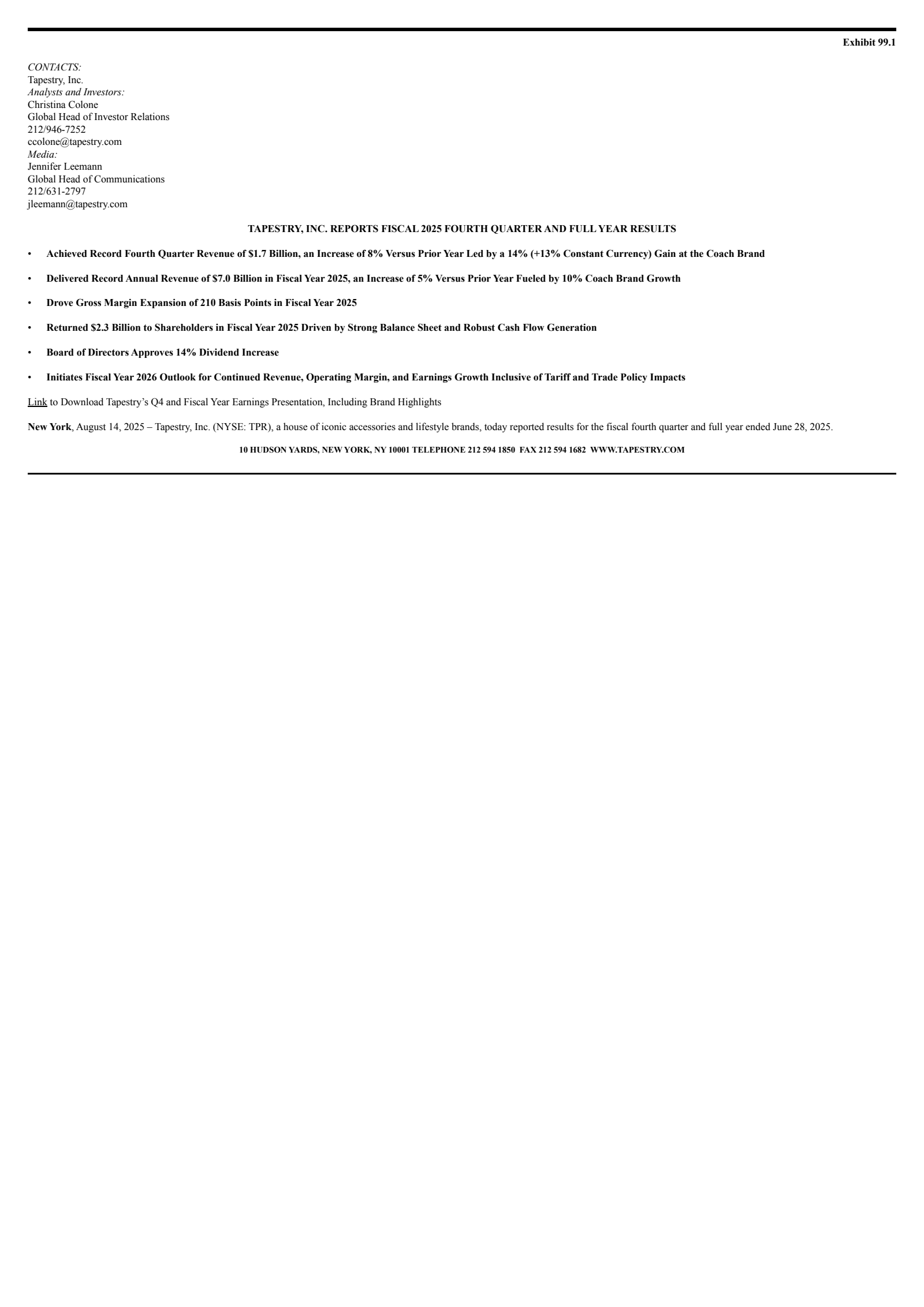 Tapestry's Q4 2025 Press Release