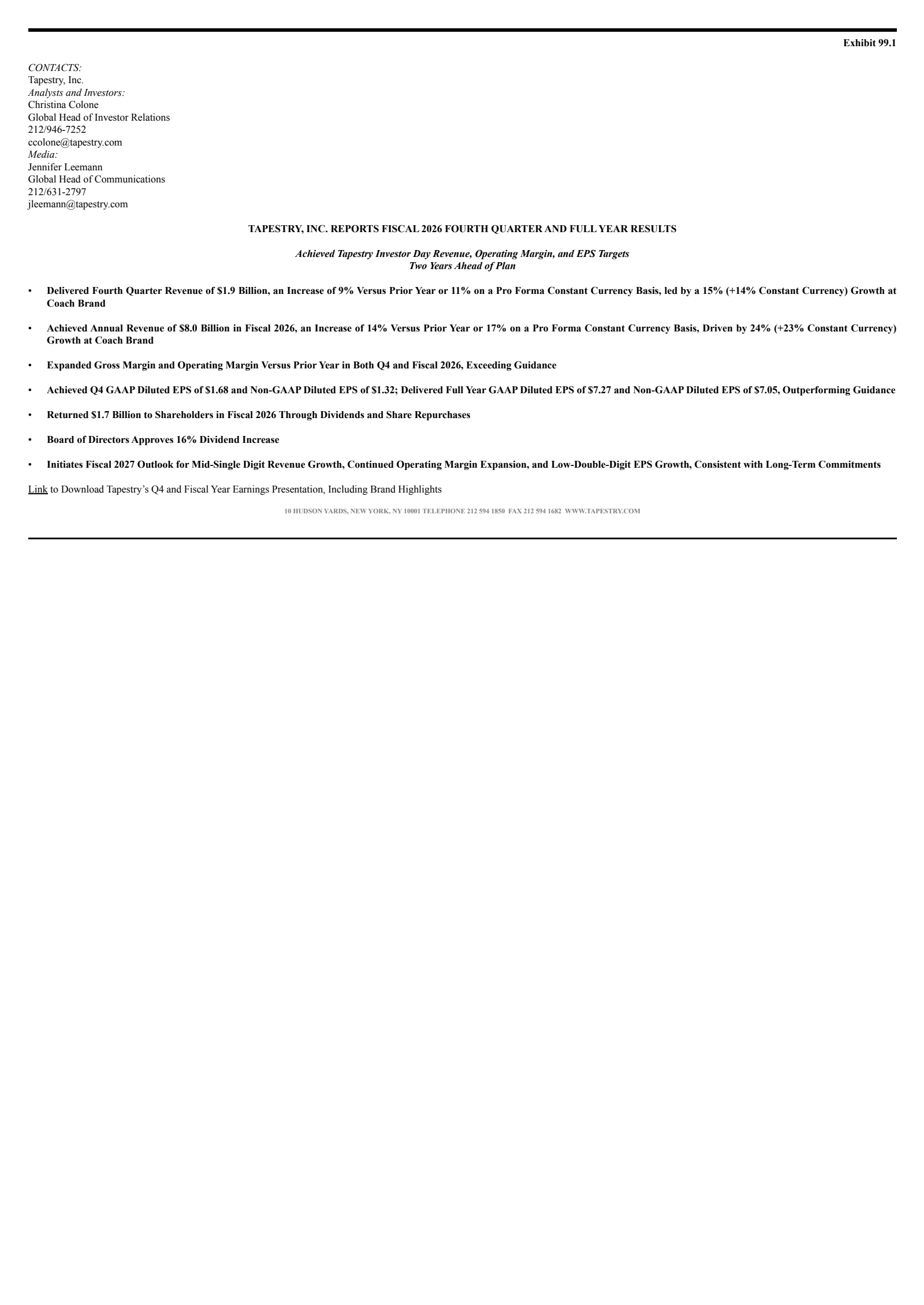 Tapestry's Q4 2026 Press Release