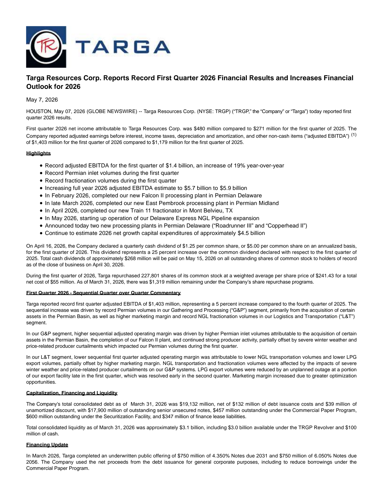 Targa Resources' Q1 2026 Press Release
