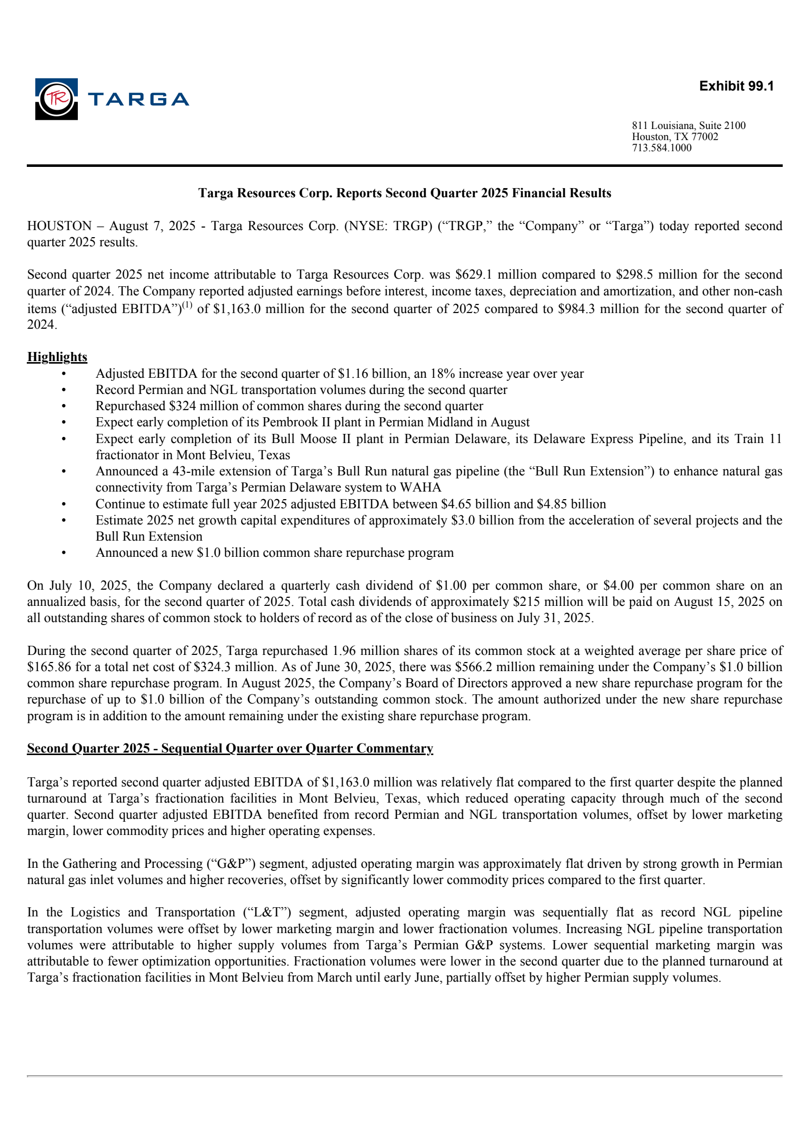 Targa Resources' Q2 2025 Press Release