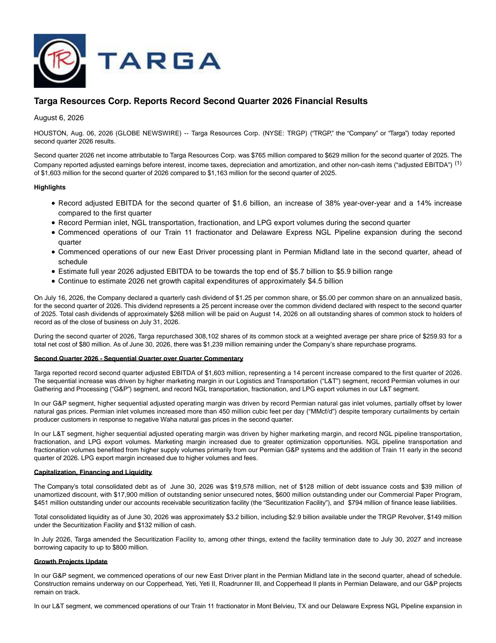 Targa Resources' Q2 2026 Press Release