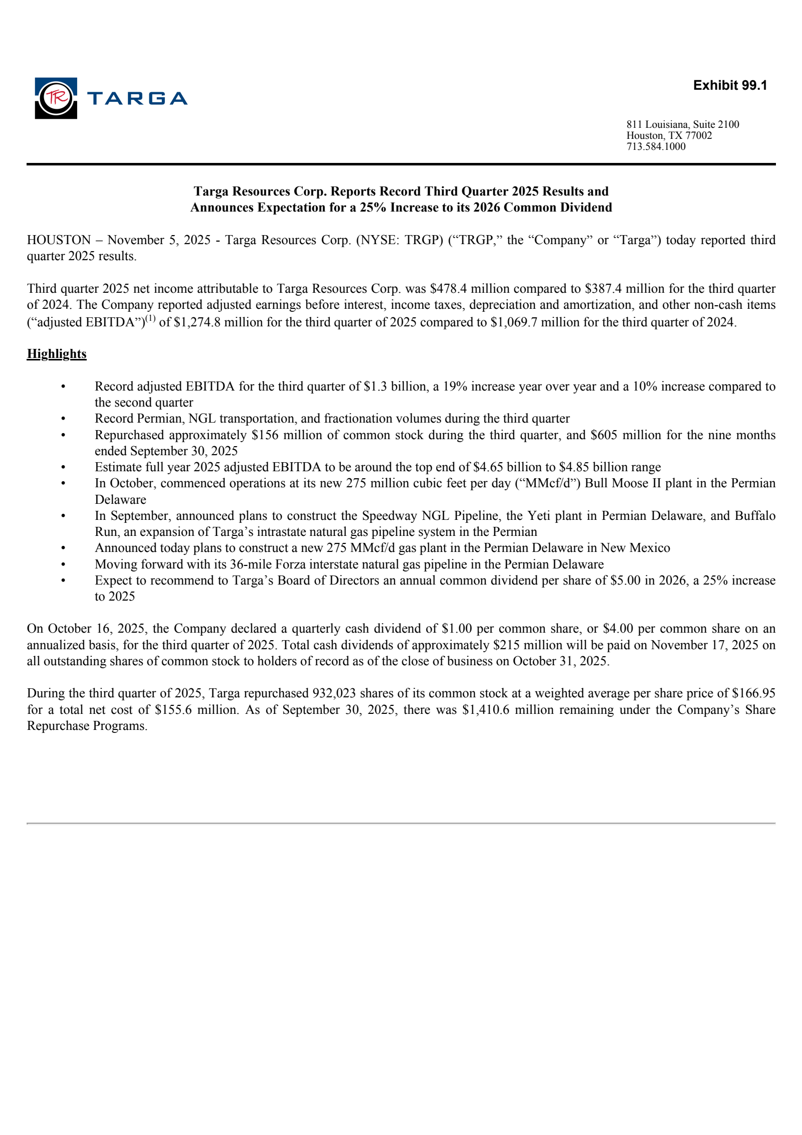 Targa Resources' Q3 2025 Earnings Release