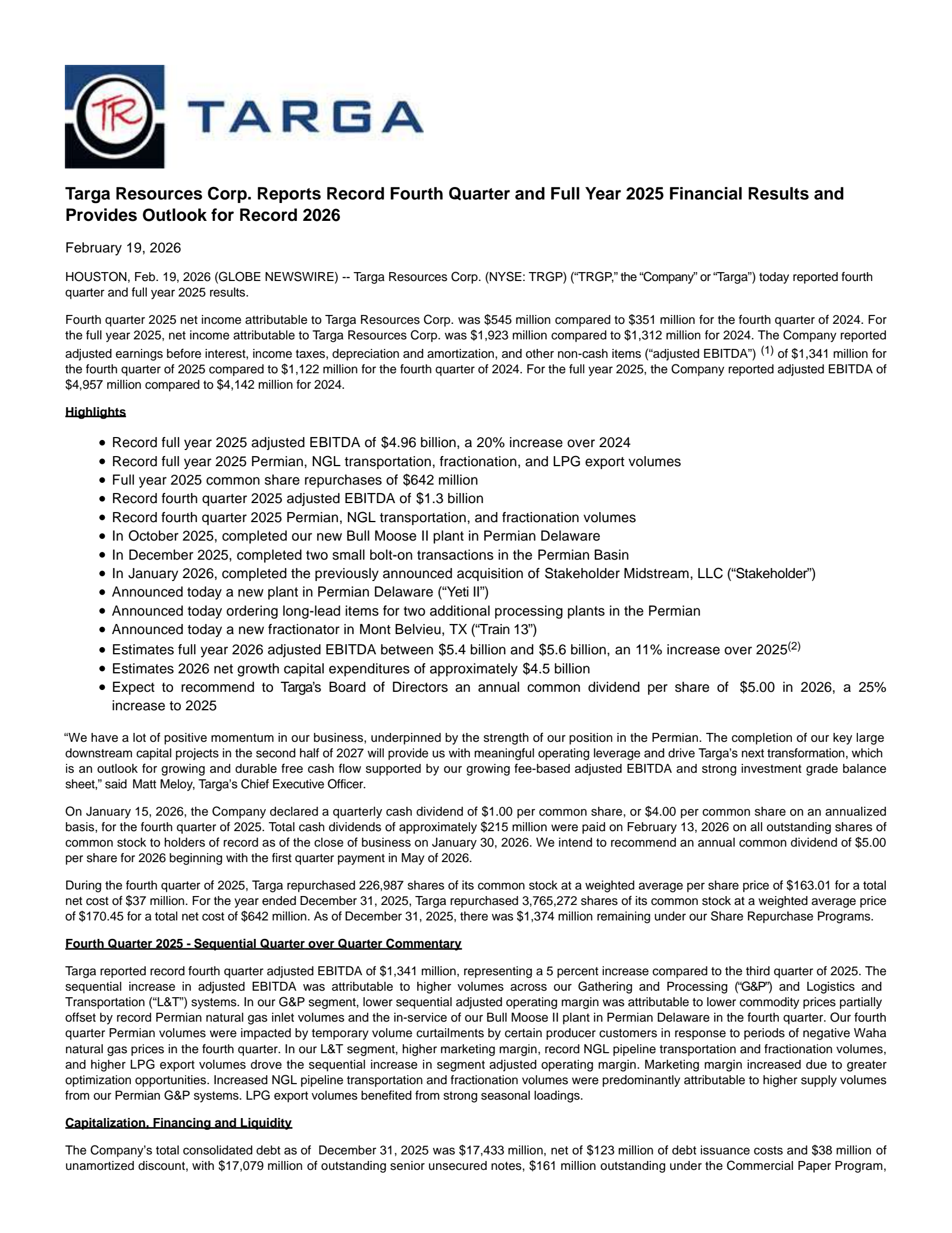 Targa Resources' Q4 2025 Press Release