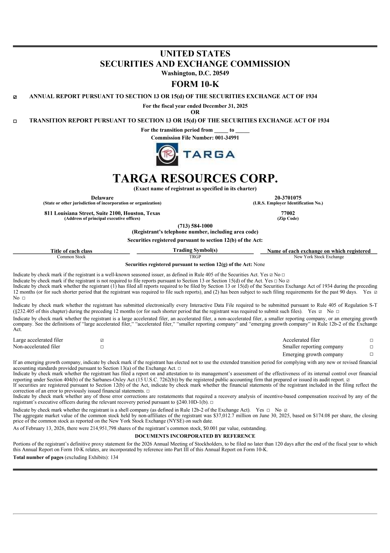 Targa Resources' Q4 2025 Annual report