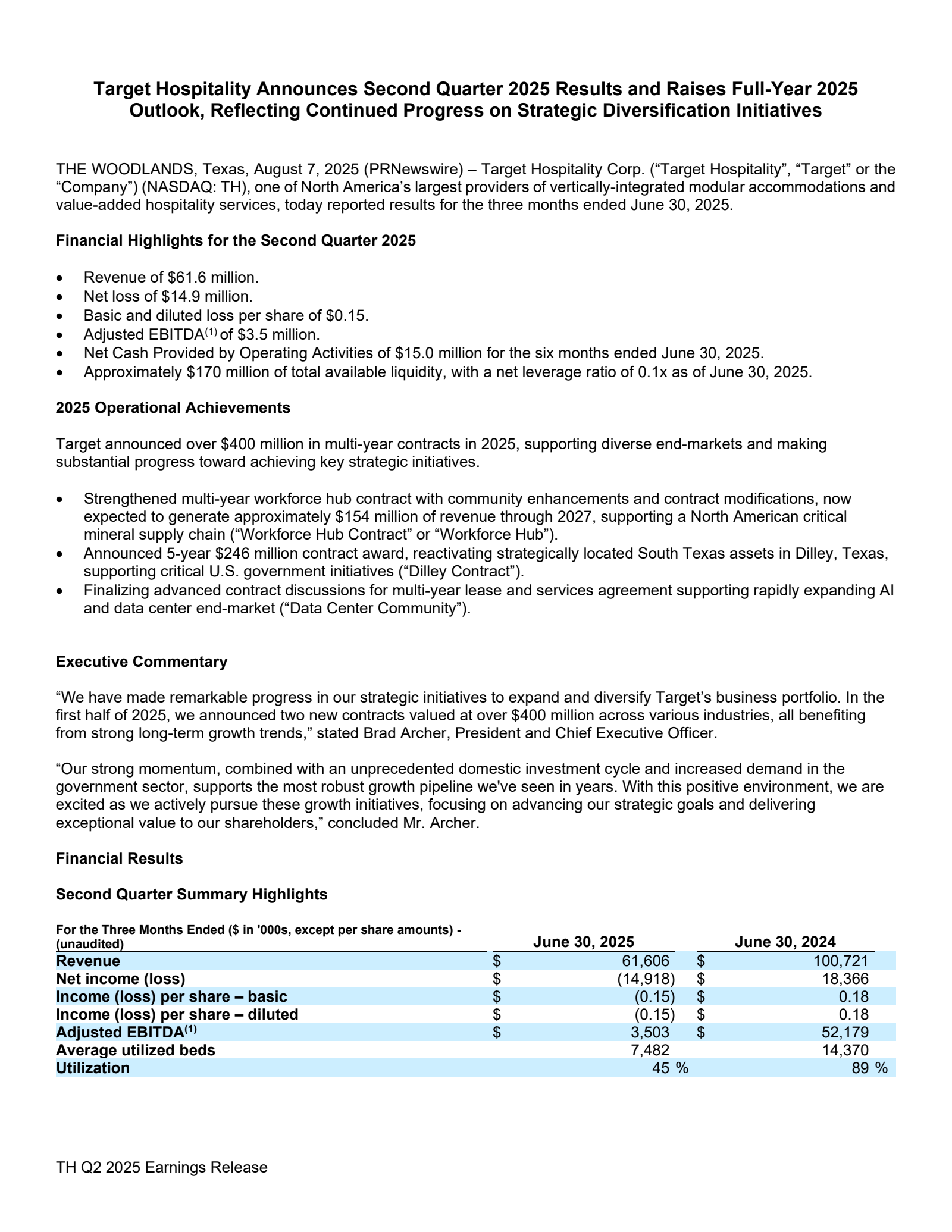 Target Hospitality's Q2 2025 Press Release