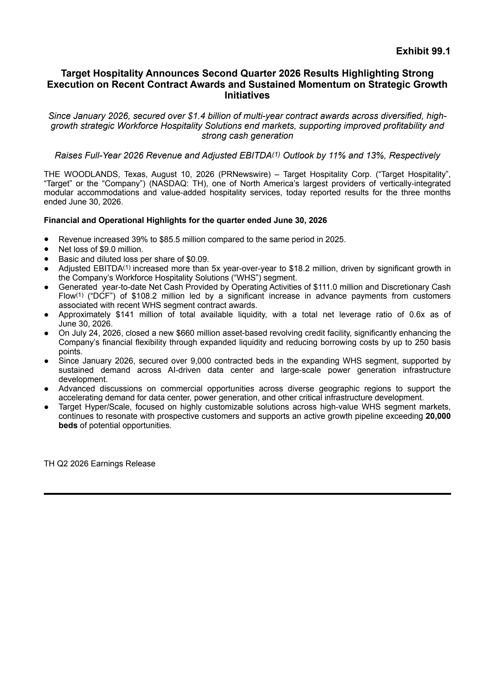 Target Hospitality's Q2 2026 Press Release
