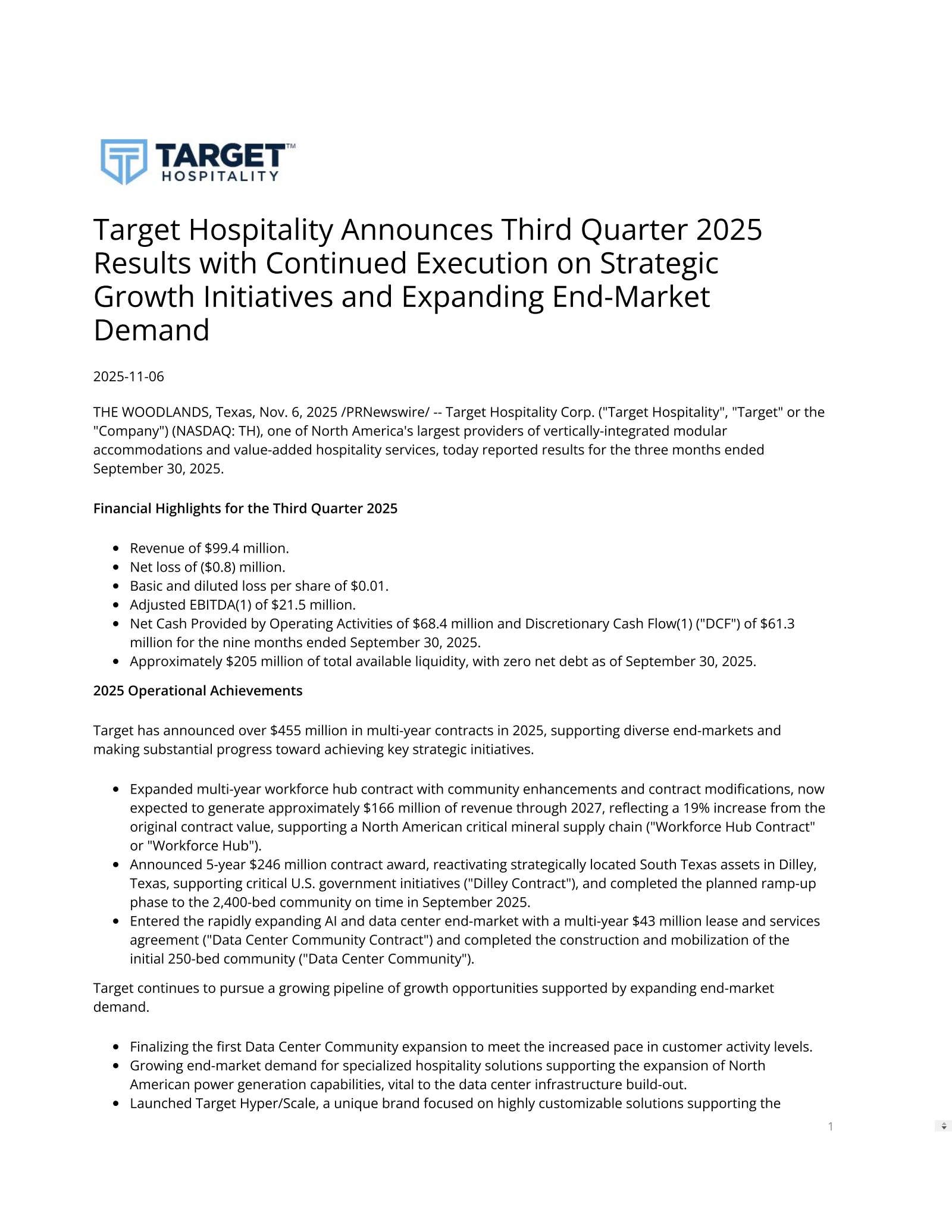 Target Hospitality's Q3 2025 Earnings Release
