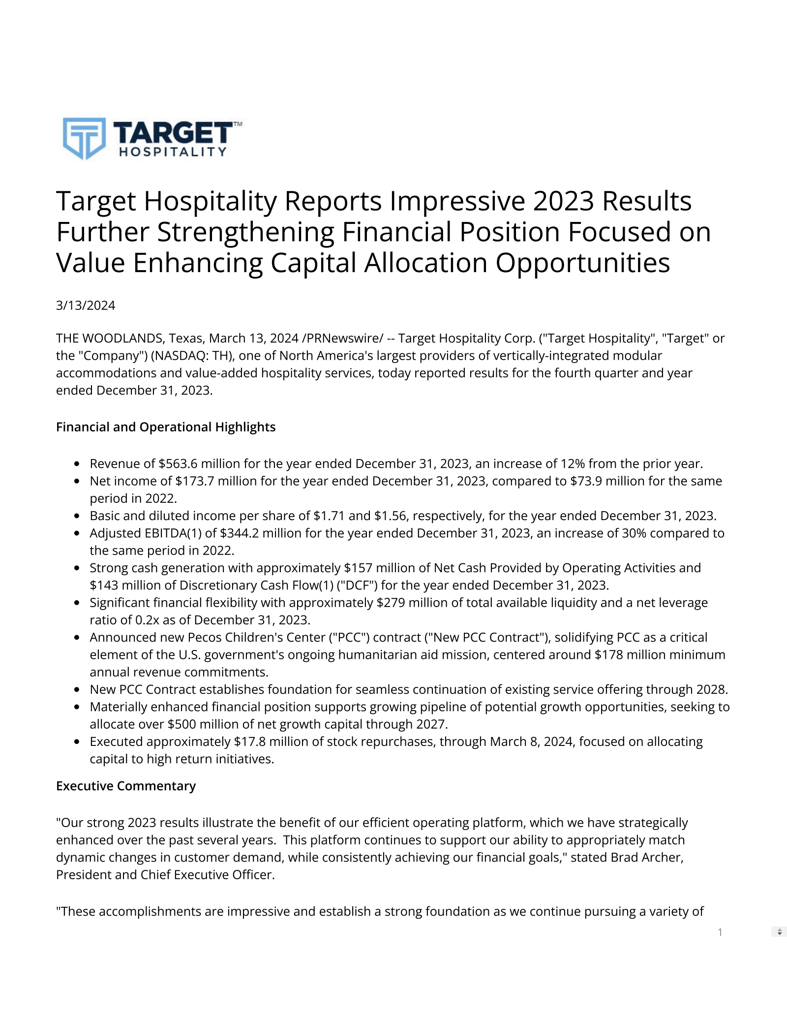 Target Hospitality's Q4 2023 Press Release