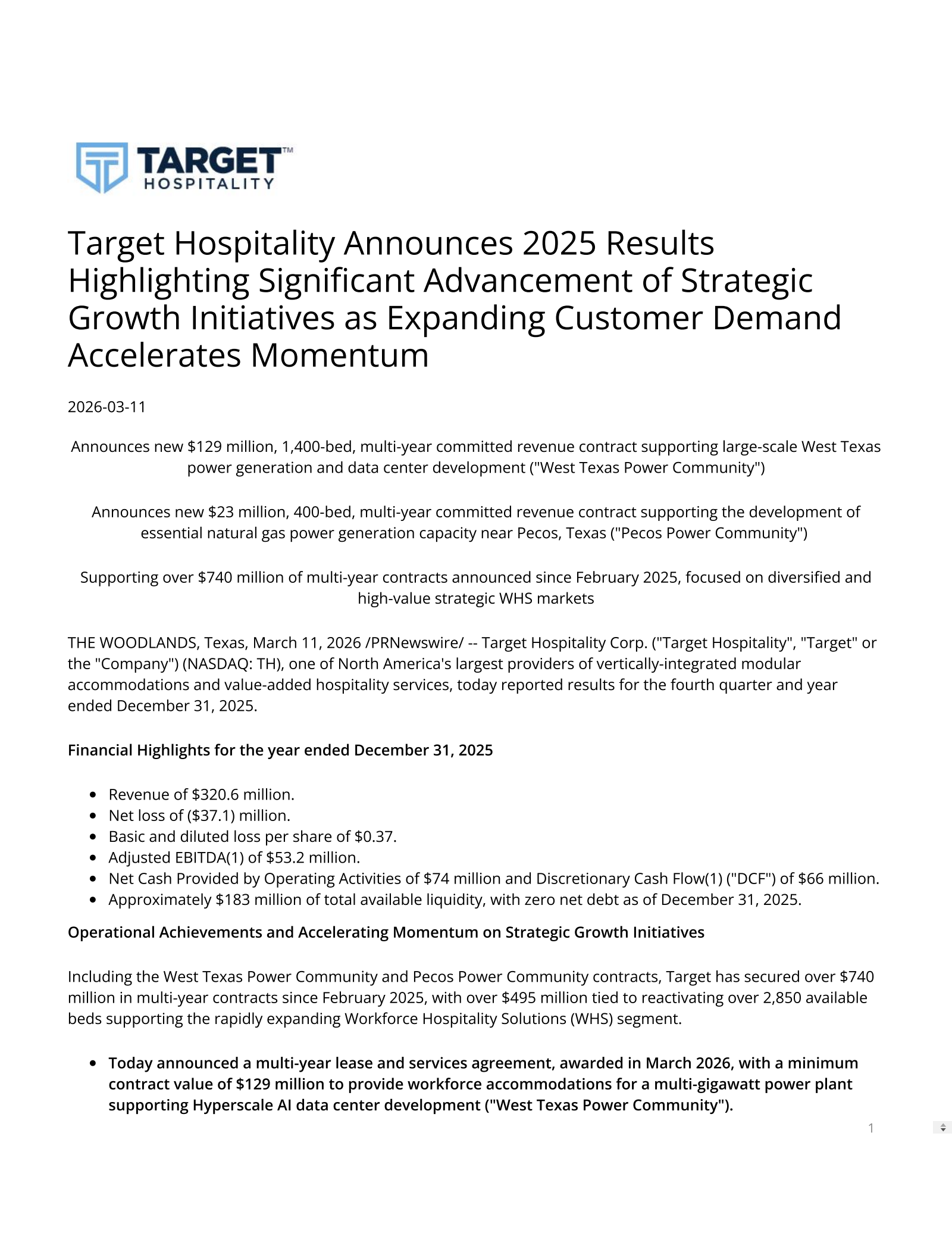 Target Hospitality's Q4 2025 Press Release