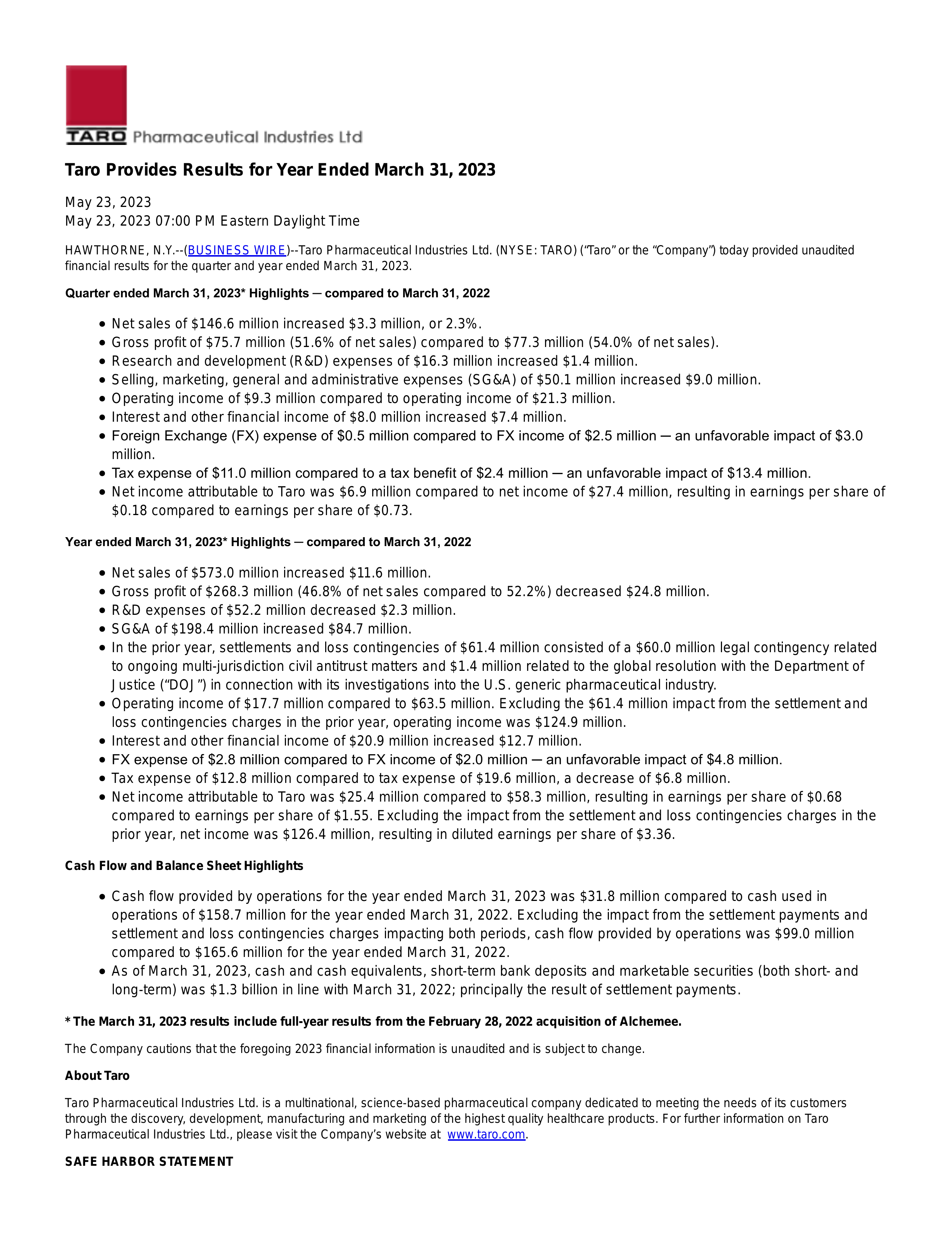 Taro Pharmaceutical Industries' Q4 2023 Press Release