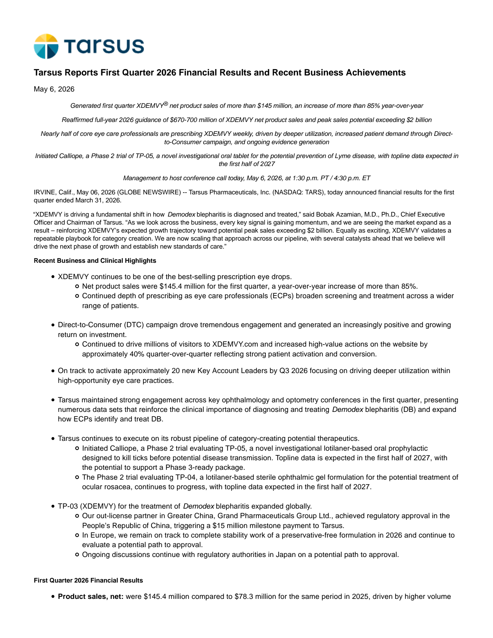 Tarsus Pharmaceuticals' Q1 2026 Press Release