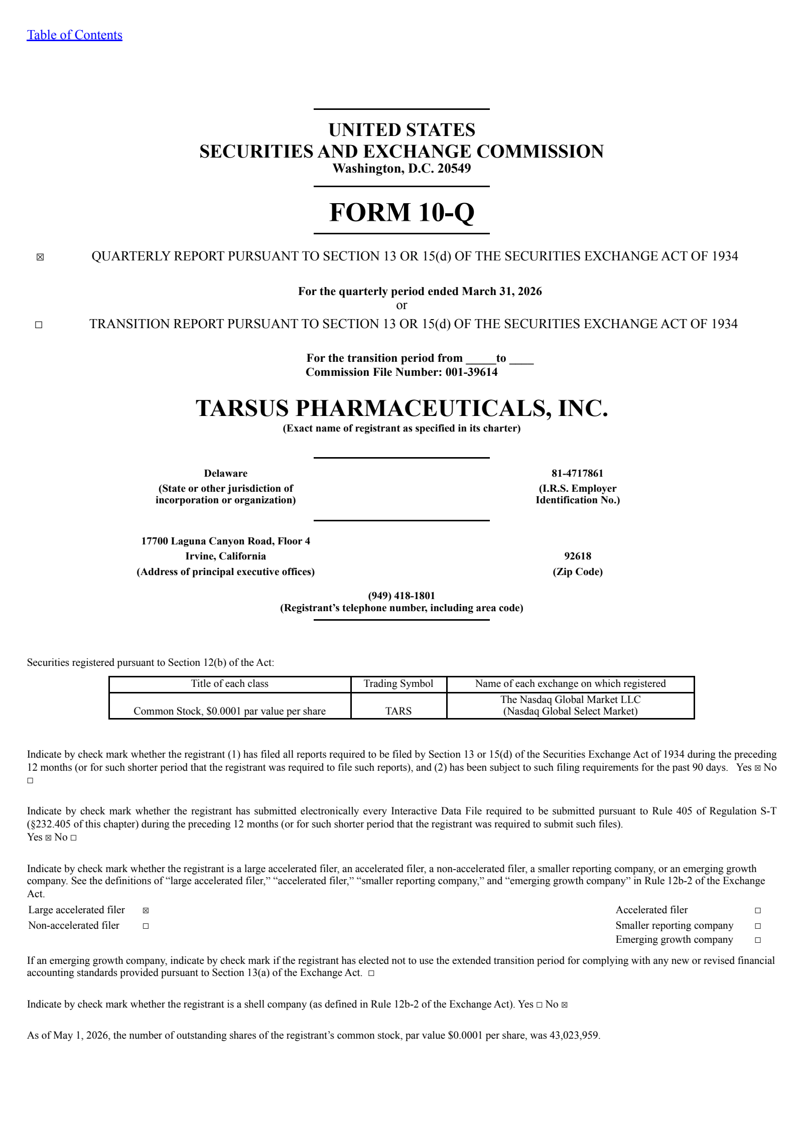 Tarsus Pharmaceuticals' Q1 2026 Quarterly report