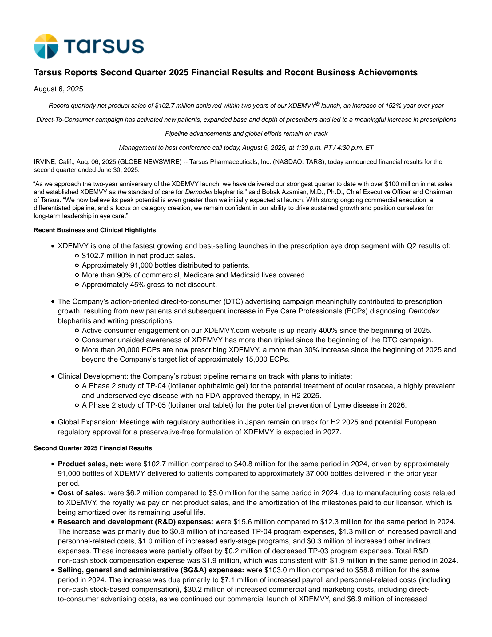 Tarsus Pharmaceuticals' Q2 2025 Press Release