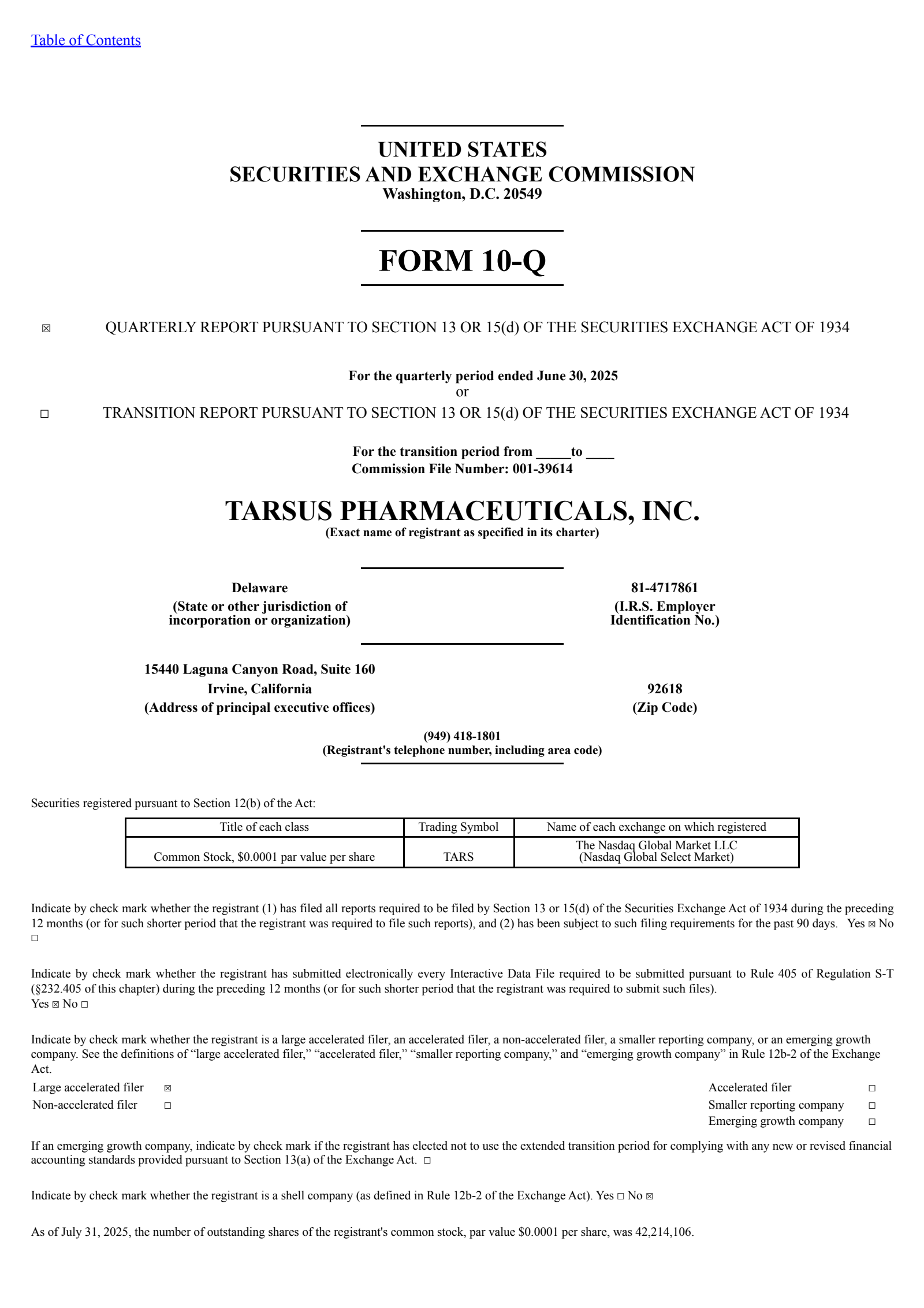 Tarsus Pharmaceuticals' Q2 2025 Quarterly report