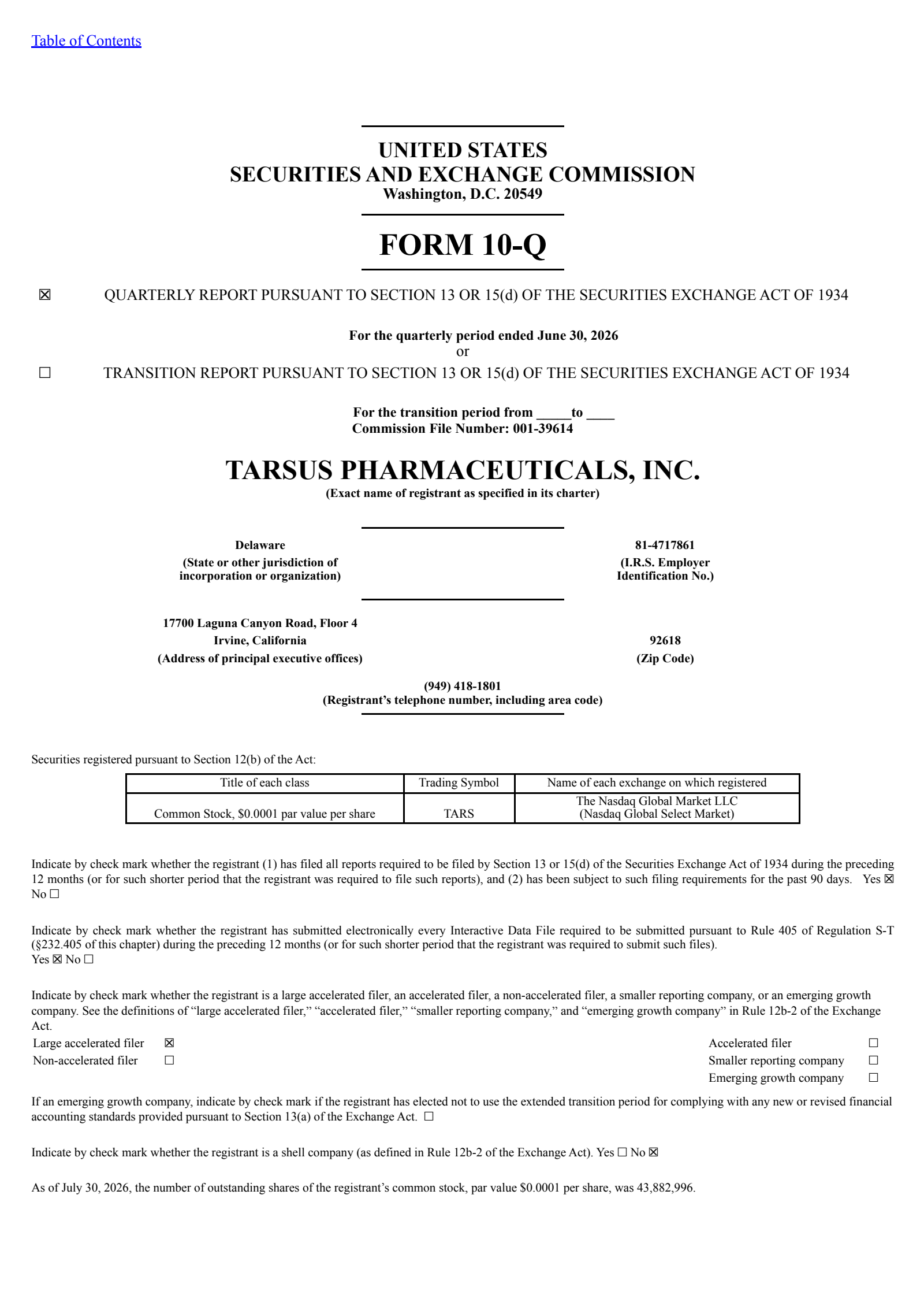 Tarsus Pharmaceuticals' Q2 2026 Quarterly report